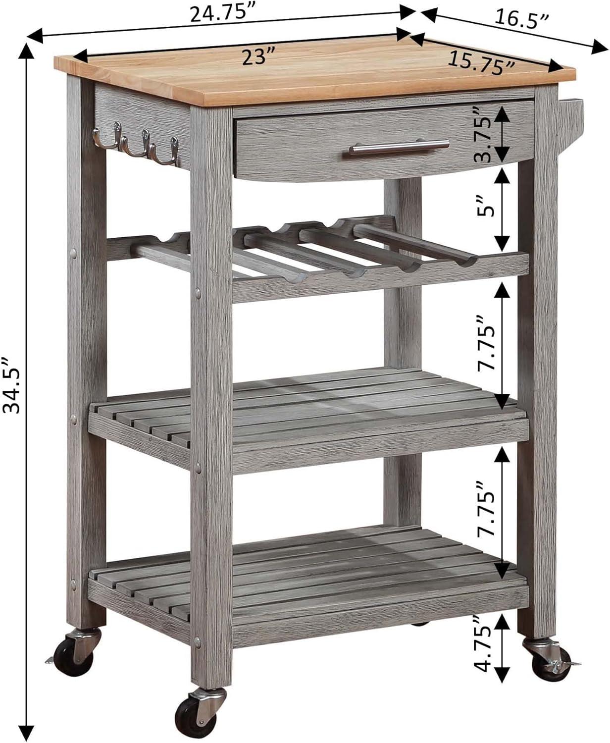Ellaine Light Gray Solid Wood Butcher Block Kitchen Cart with Wine Rack