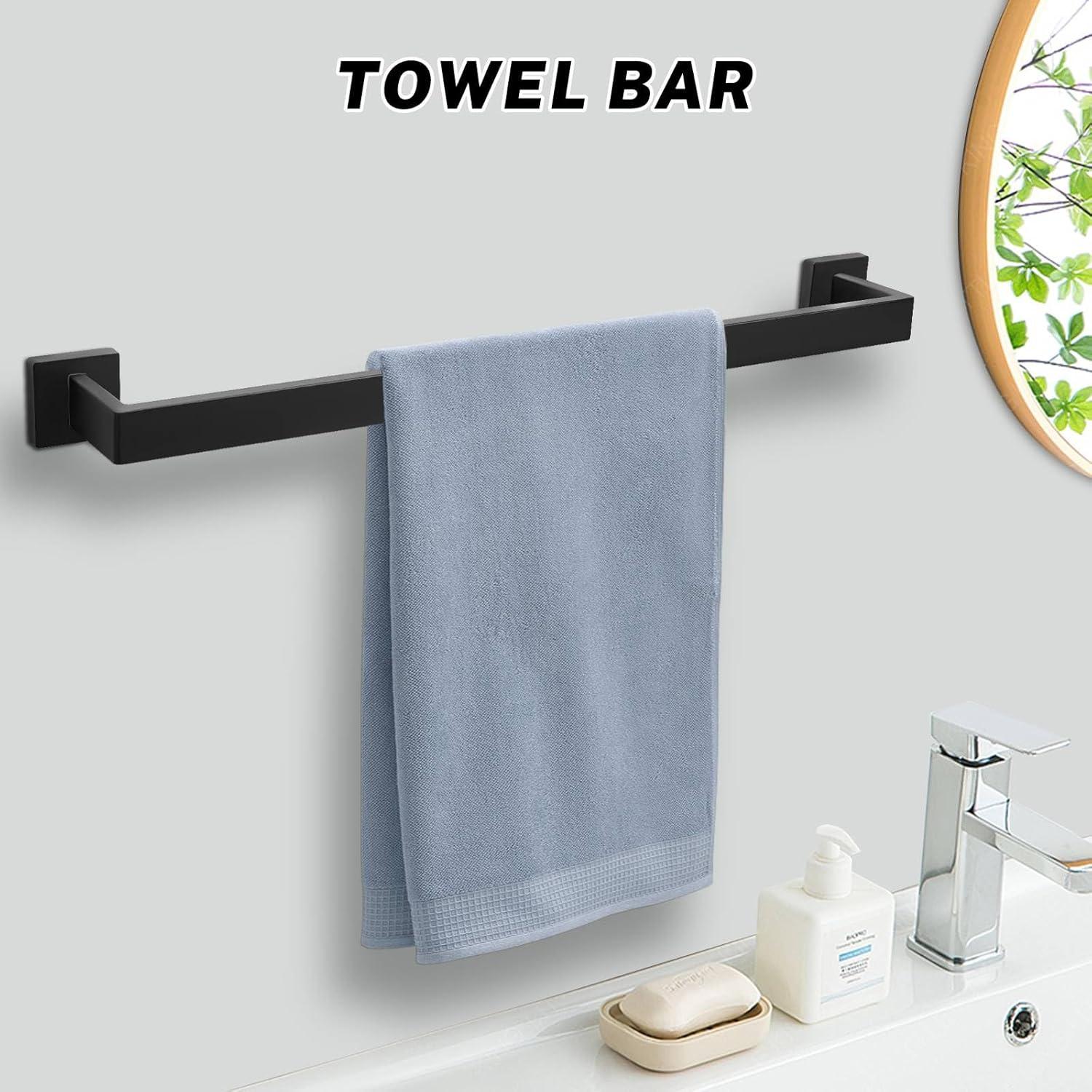 Black Towel Bar Set 5-Piece Bathroom Hardware Set,Square SUS304 Stainless Steel - 23.6 Inch Wall Mounted Towel Rack,Toilet Paper Holder,Towel Ring and Towel Hook