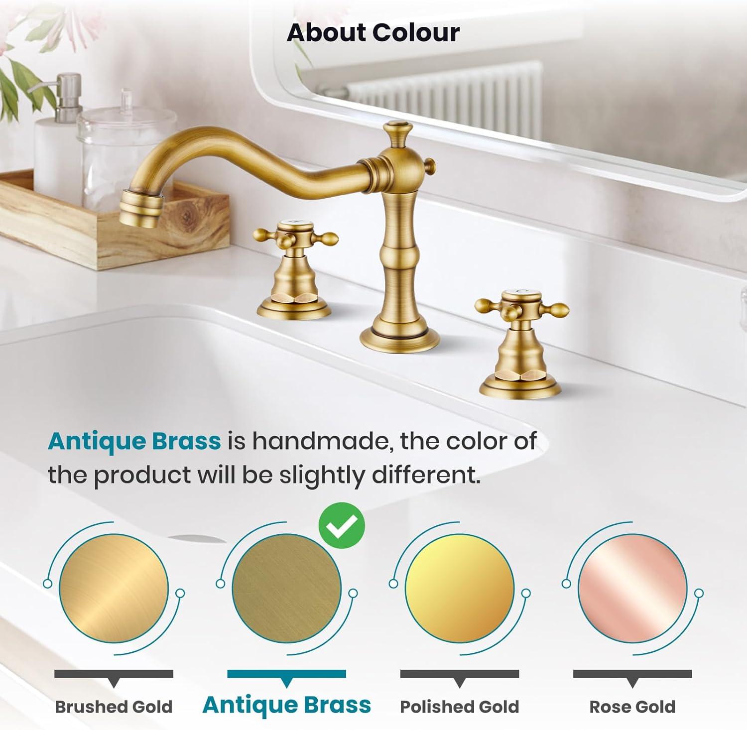 gotonovo Bathroom Faucet 3 Hole 8 Inch Widespread Bathroom Sink Faucet 2 Cross Handles Vintage Lavatory Vanity Mixer Tap with Pop Up Drain, H C Label, Antique Brass