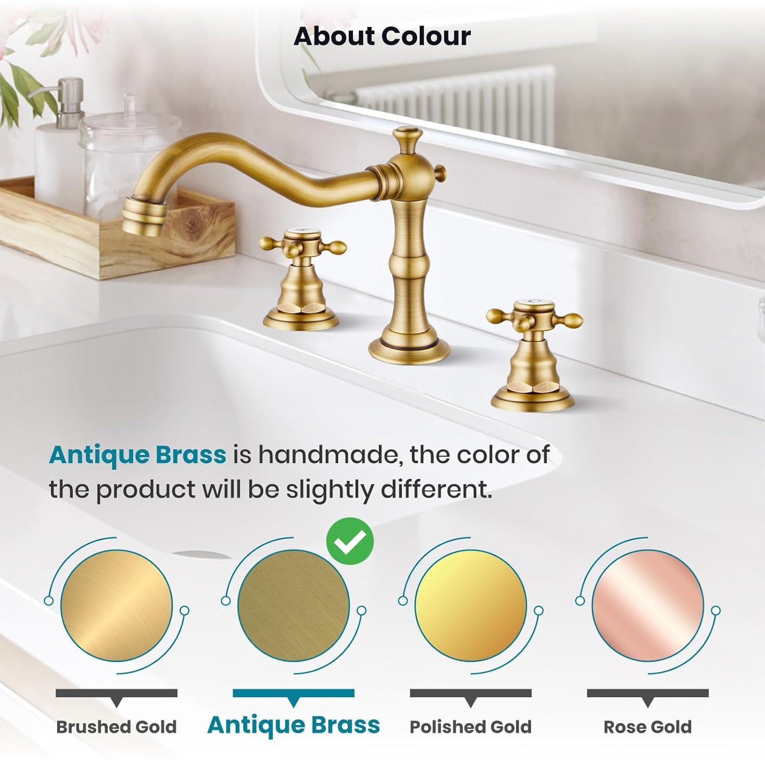 gotonovo Bathroom Faucet 3 Hole 8 Inch Widespread Bathroom Sink Faucet 2 Cross Handles Vintage Lavatory Vanity Mixer Tap with Pop Up Drain, H C Label, Antique Brass