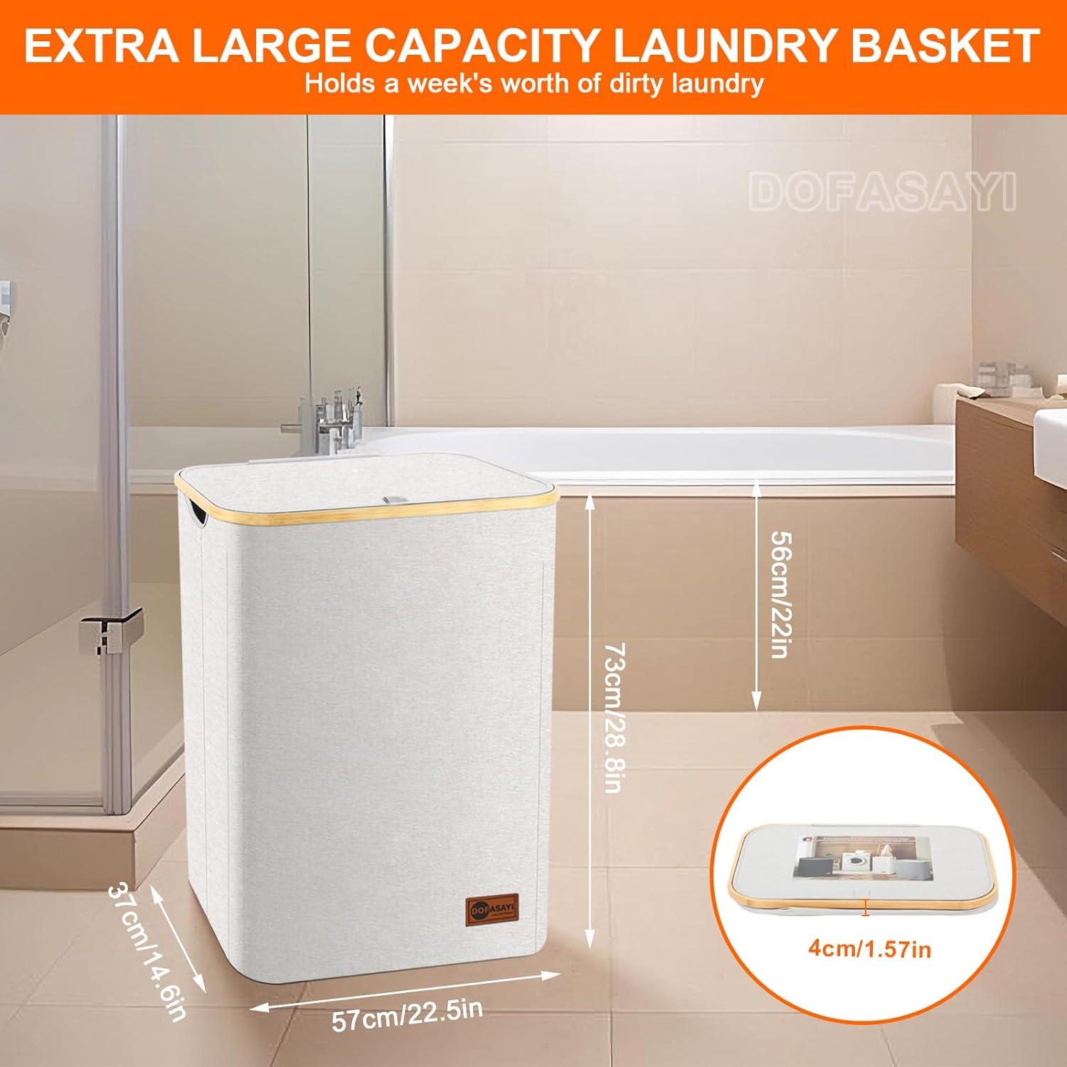 Beige Extra Large Foldable Laundry Hamper with Bamboo Handles