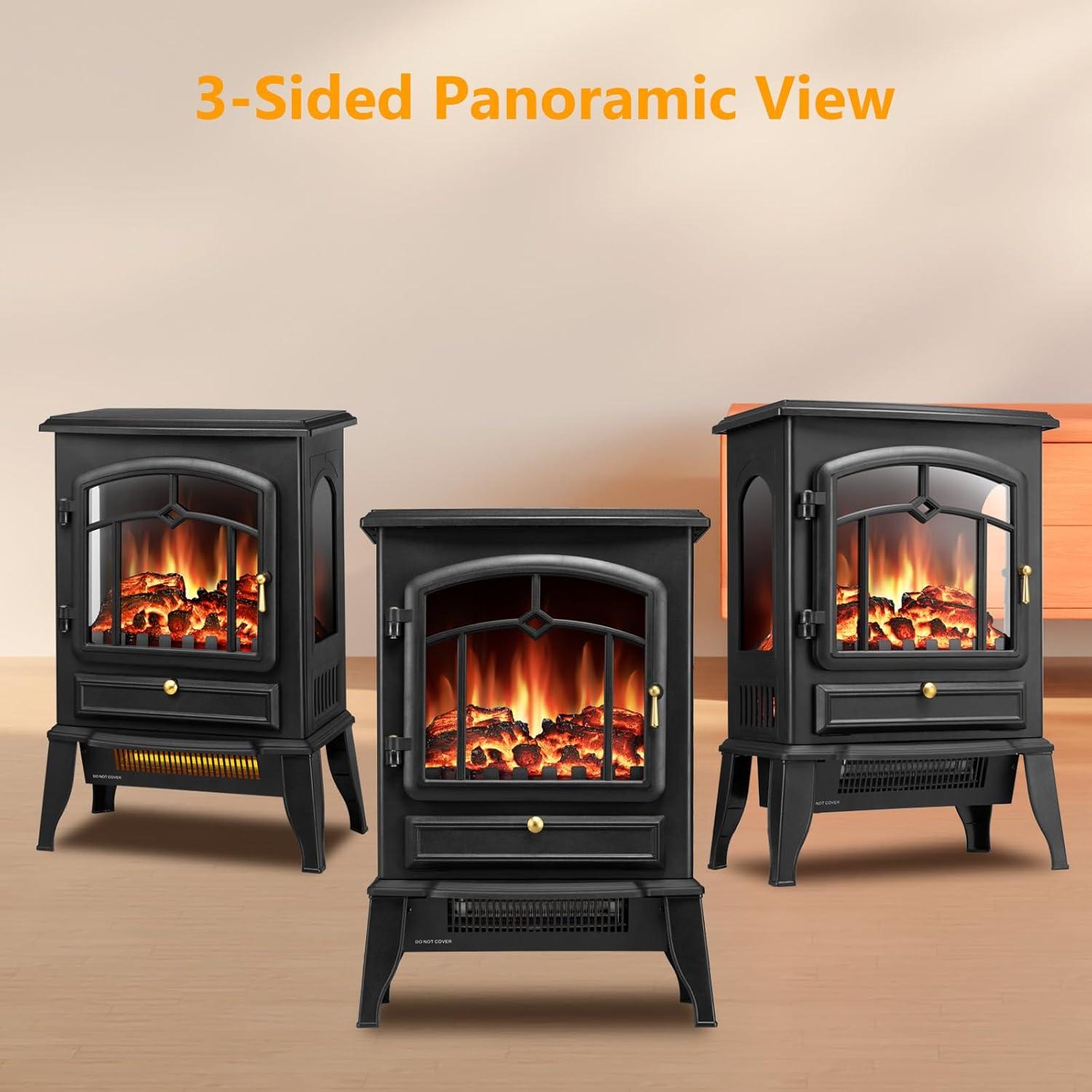 WAA Infrared Electric Fireplace Stove,15" Freestanding Fireplace Heater,Adjustable Brightness and Heating Mode,1000W/1500W,Black