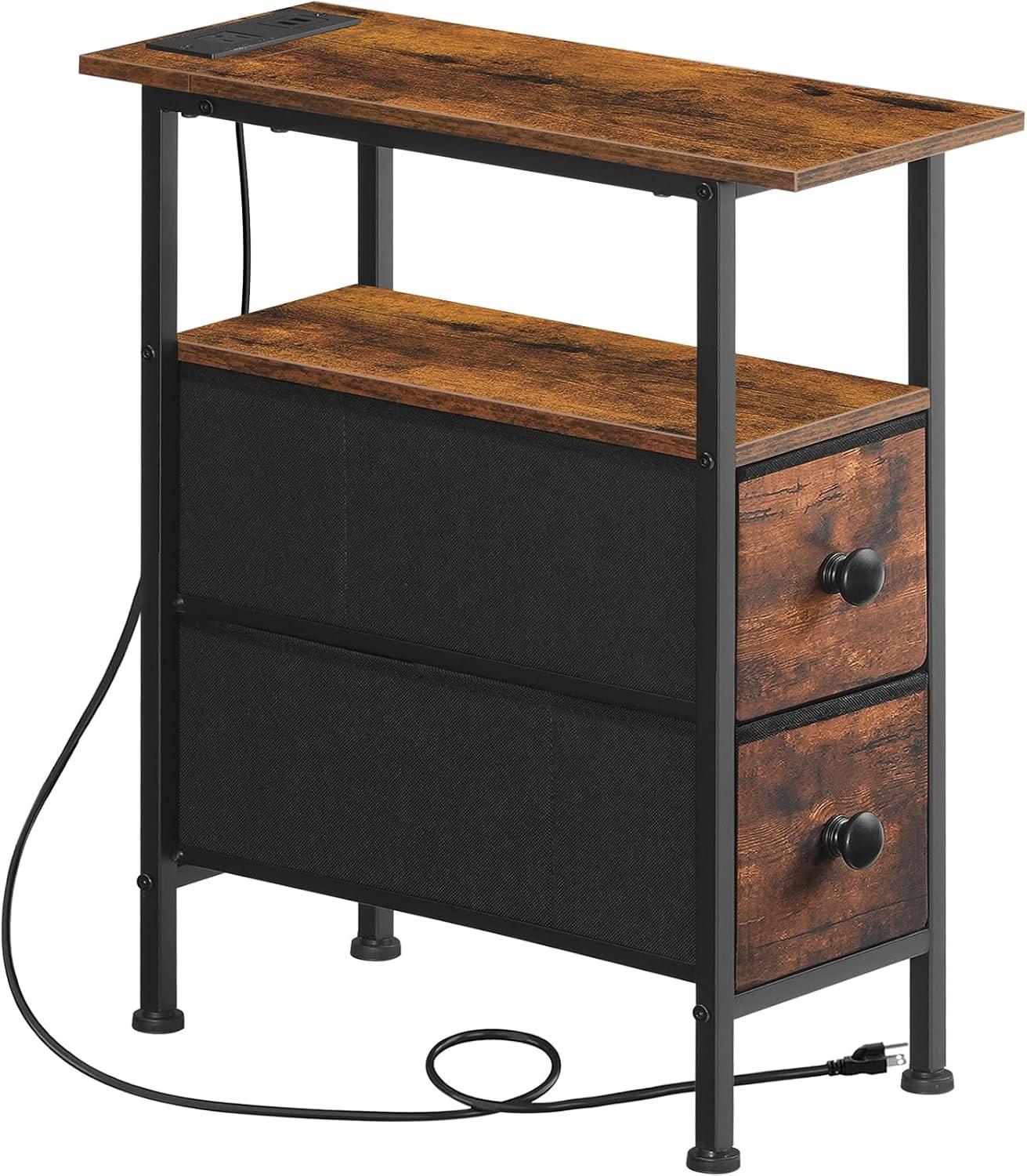 Rustic Brown and Black Metal End Table with Storage