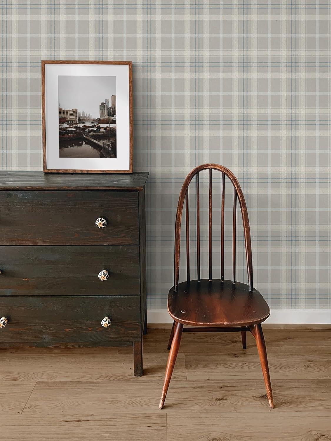 NextWall Argos Grey & Blue Tailor Plaid Peel and Stick Wallpaper - 20.9 in. W x 18 ft. L Roll