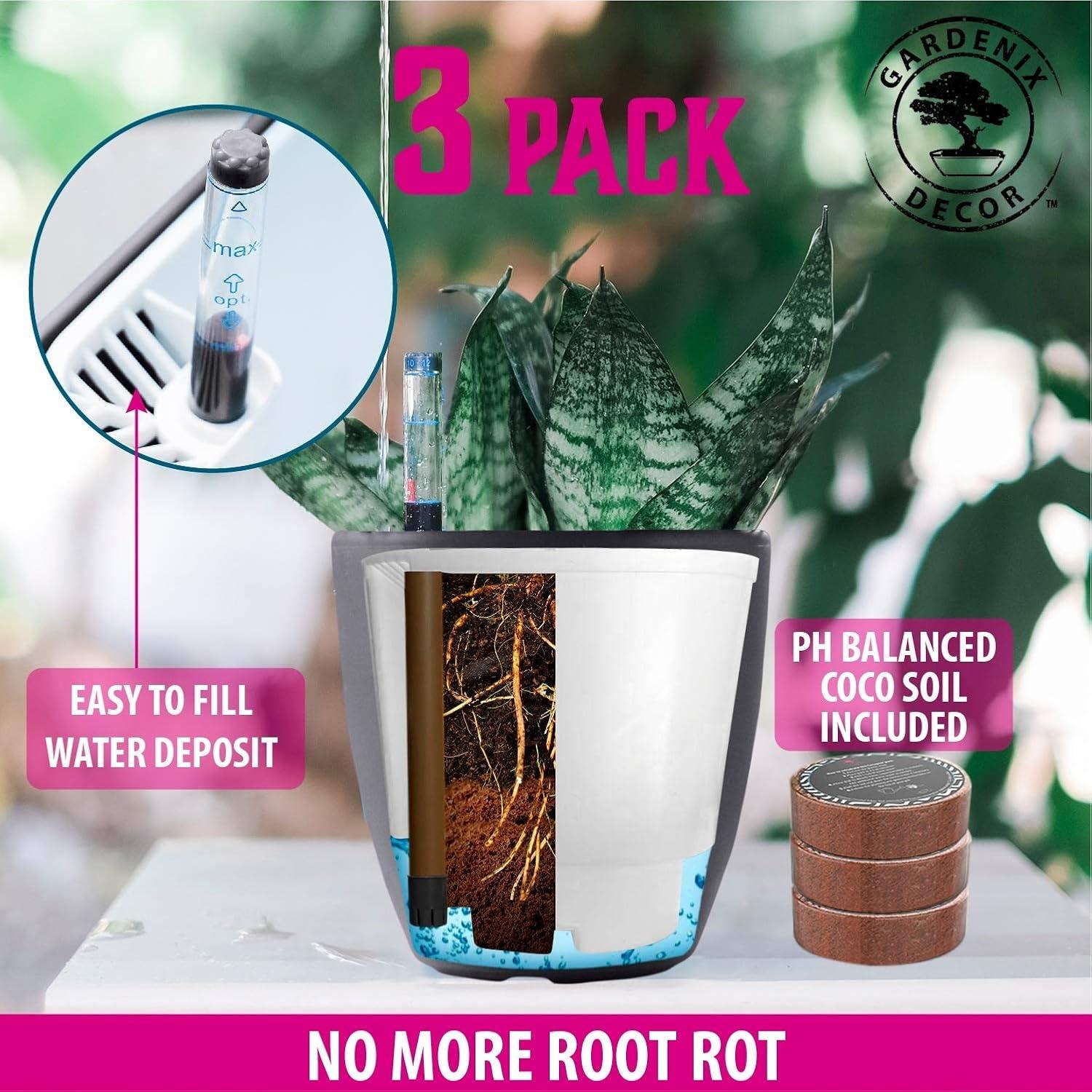 GARDENIX DECOR 7'' Self Watering planters for Indoor Plants - with Water Level Indicator for Flower Pot , Grow Tracking Tool - Coco Coir - Gray 3 Pack