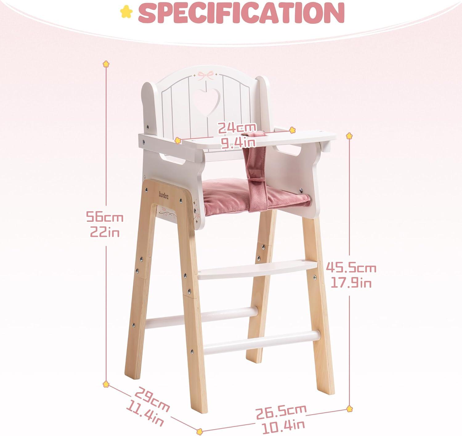 Robud Play High Chair, Pretend Play High Chair with Cushion, Movable Table, Wooden Baby Doll Accessories, Fits 18-20 Inch Dolls, White