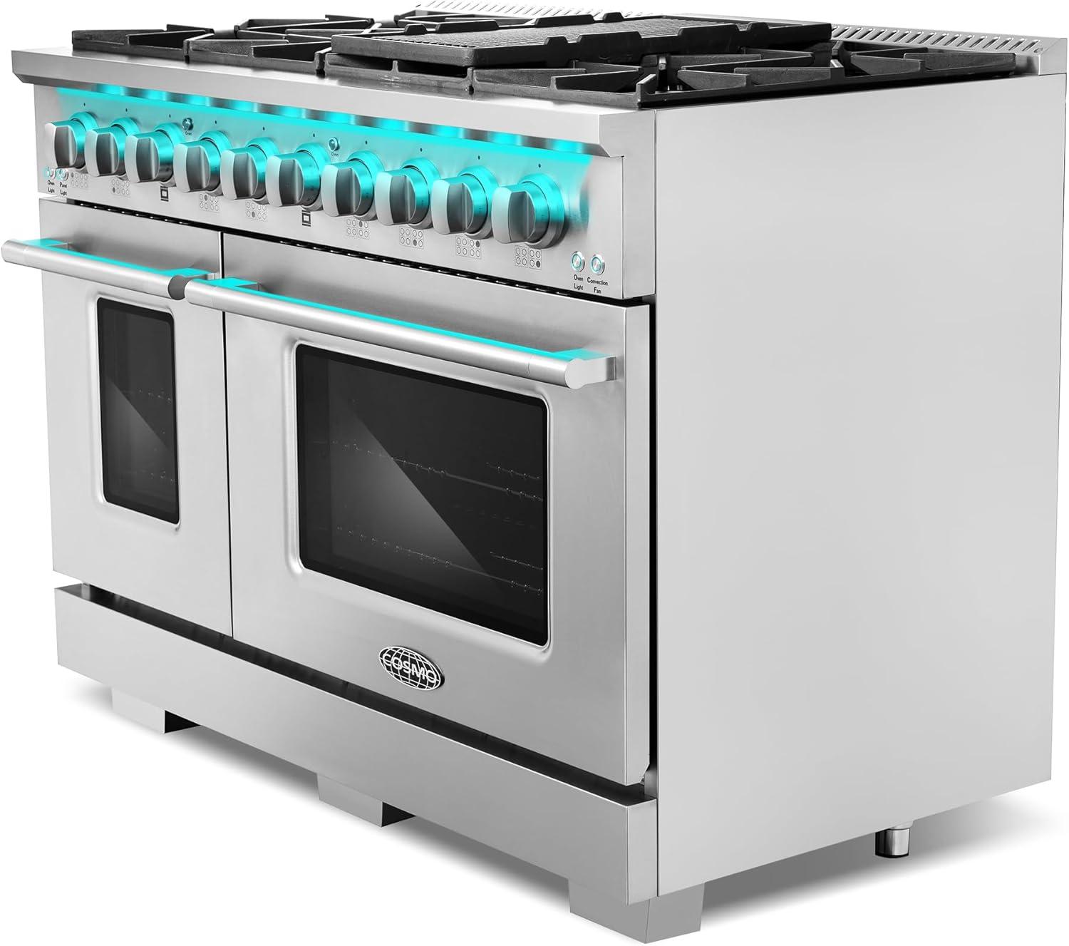 Cosmo COS-DFRP488K Cosmo 48 In. Lumin Collection 5.5 Cu. Ft. Double Oven Dual Fuel Range With 8 Burners, Cast Iron Grates In Stainless Steel