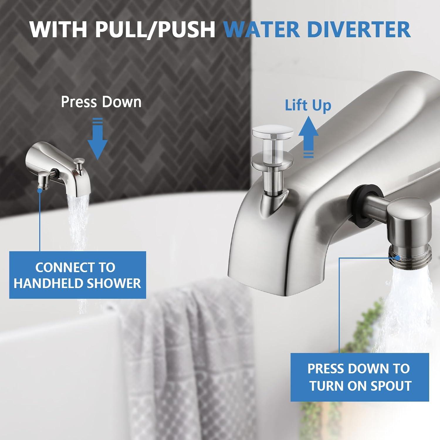 All Metal Tub Spout with Diverter Brushed Nickel, Fits 1/2” or 3/4" Threaded Pipes, Bathtub Faucet with Shower Diverter for Convenient Water Control