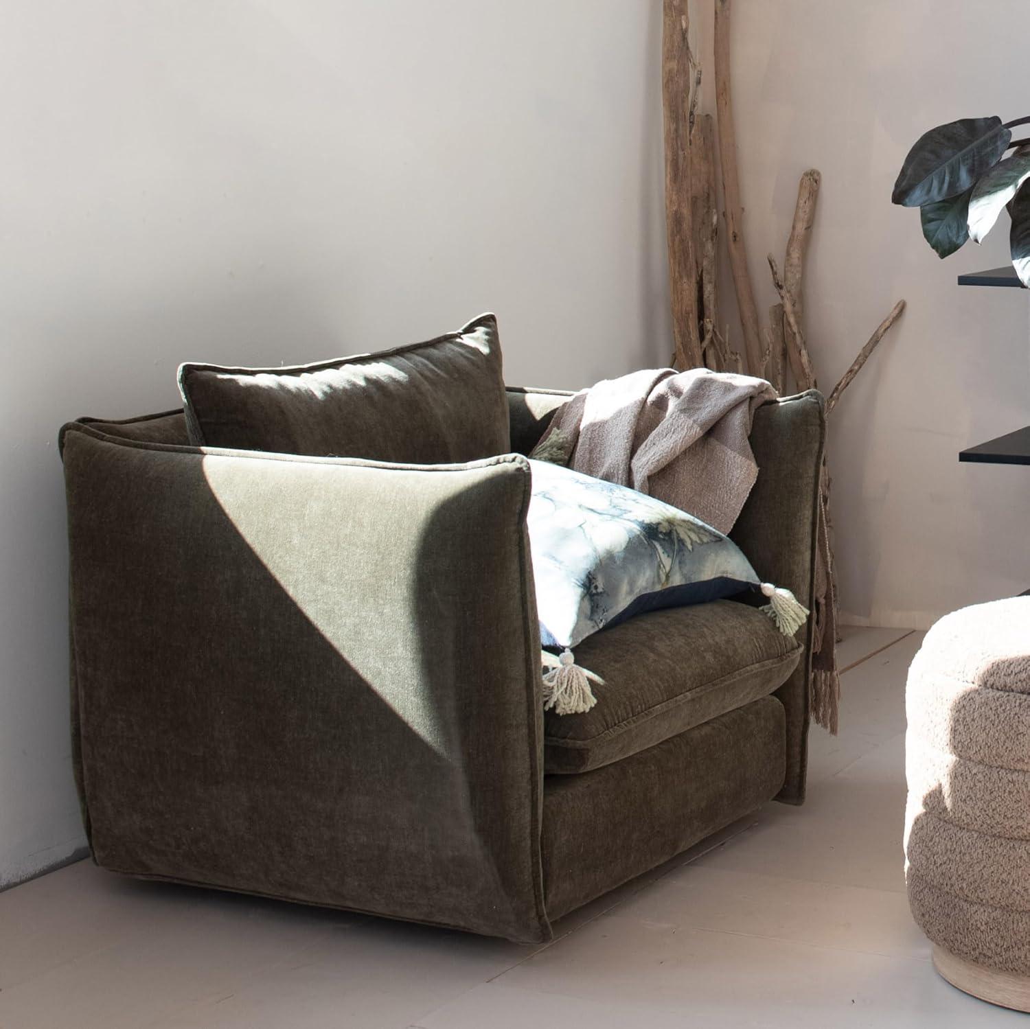 Moss Green Fabric Barrel Accent Chair with Removable Pillow