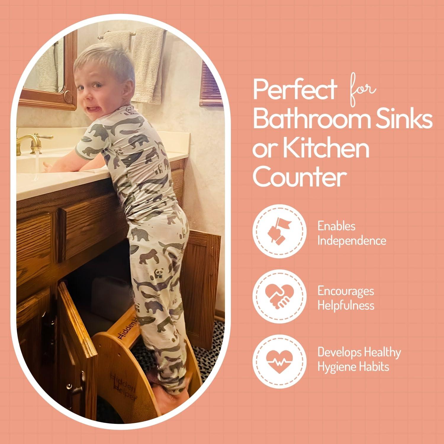 Hidden Helper Montessori Step Stool for Toddlers, Foldable Toddler Two Step Stool for Bathroom Sink & Kitchen Helper, Wooden Folding Stool for Kids Ages 2-5