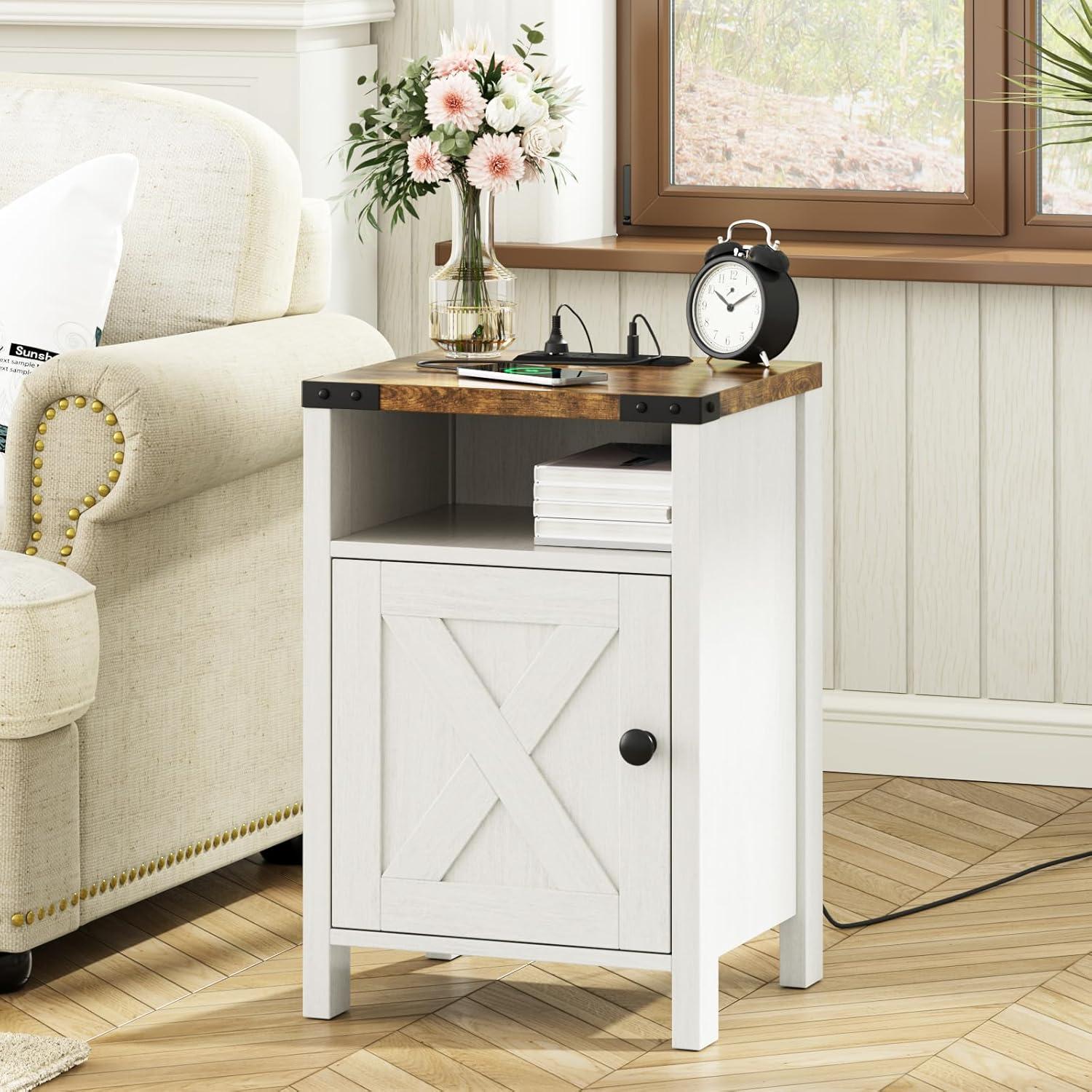 Wood Nightstands with Charging Station End Table Bedside Tables with Barn Door