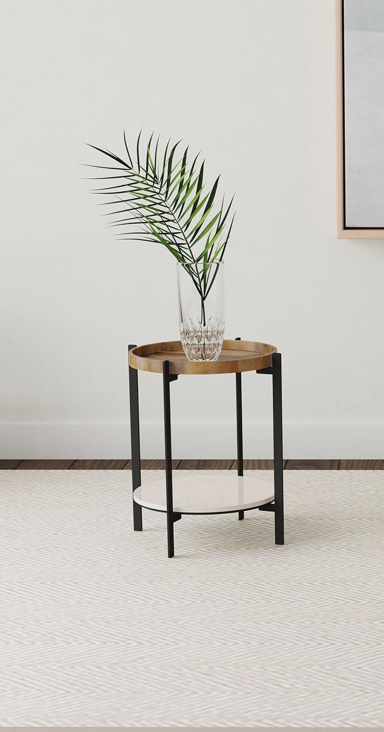 Round Accent Table with Marble Shelf Natural and Black