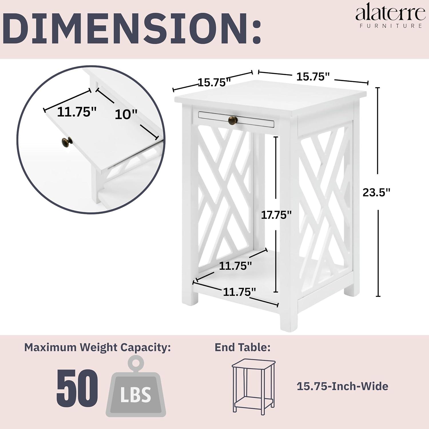 Alaterre Furniture Coventry Wood End Table with Tray and Bottom Shelf, Modern Accent Furniture, White
