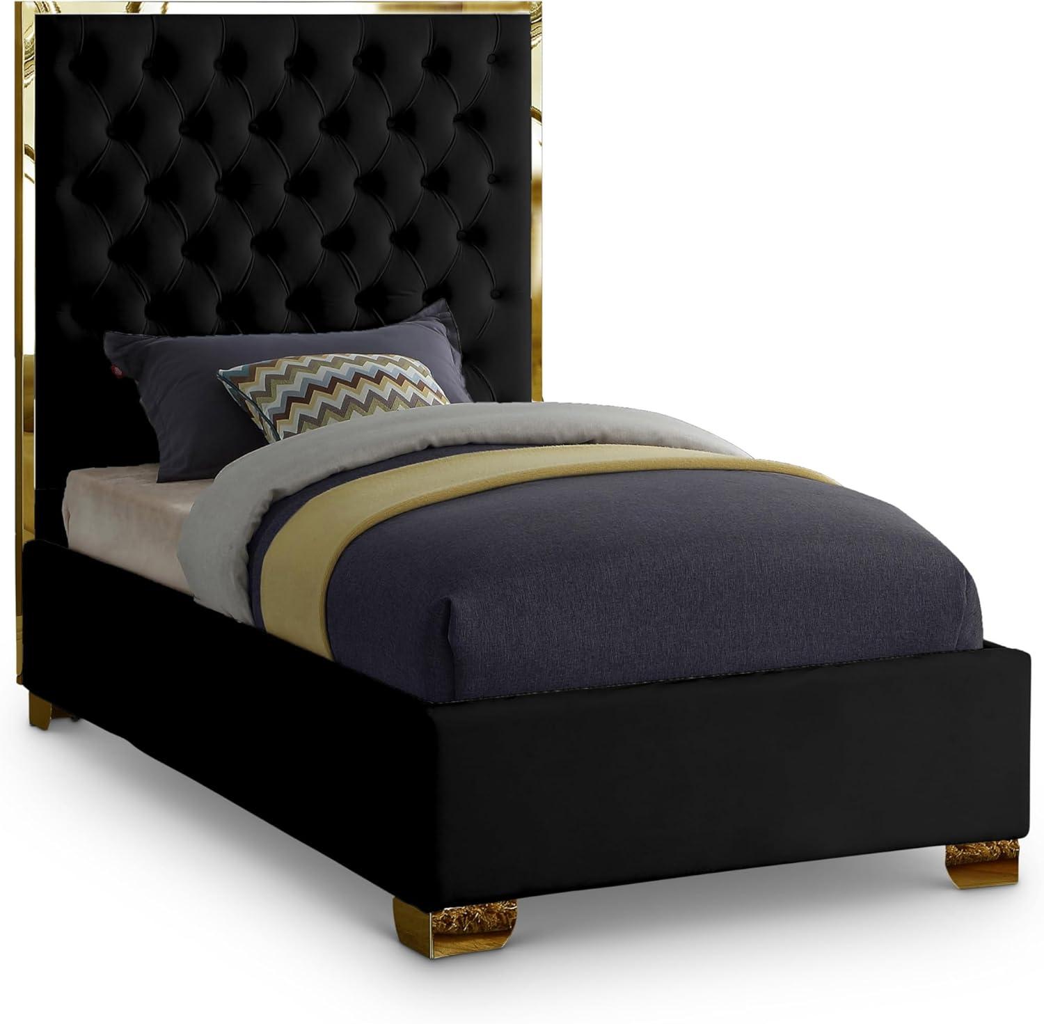Lana Black Velvet Queen Bed-Color:Black Velvet,Finish:Gold,Style:Contemporary