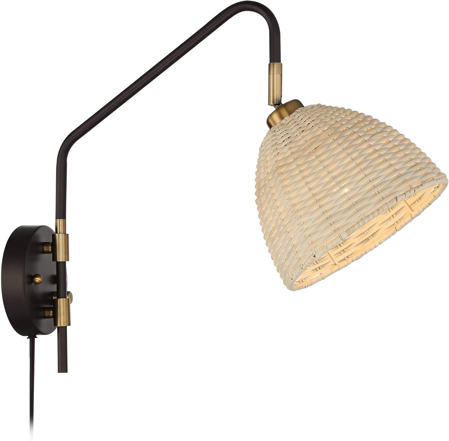 Coastal Swing Arm Adjustable Wall Lamp in Deep Bronze and Brass with Rattan Shade