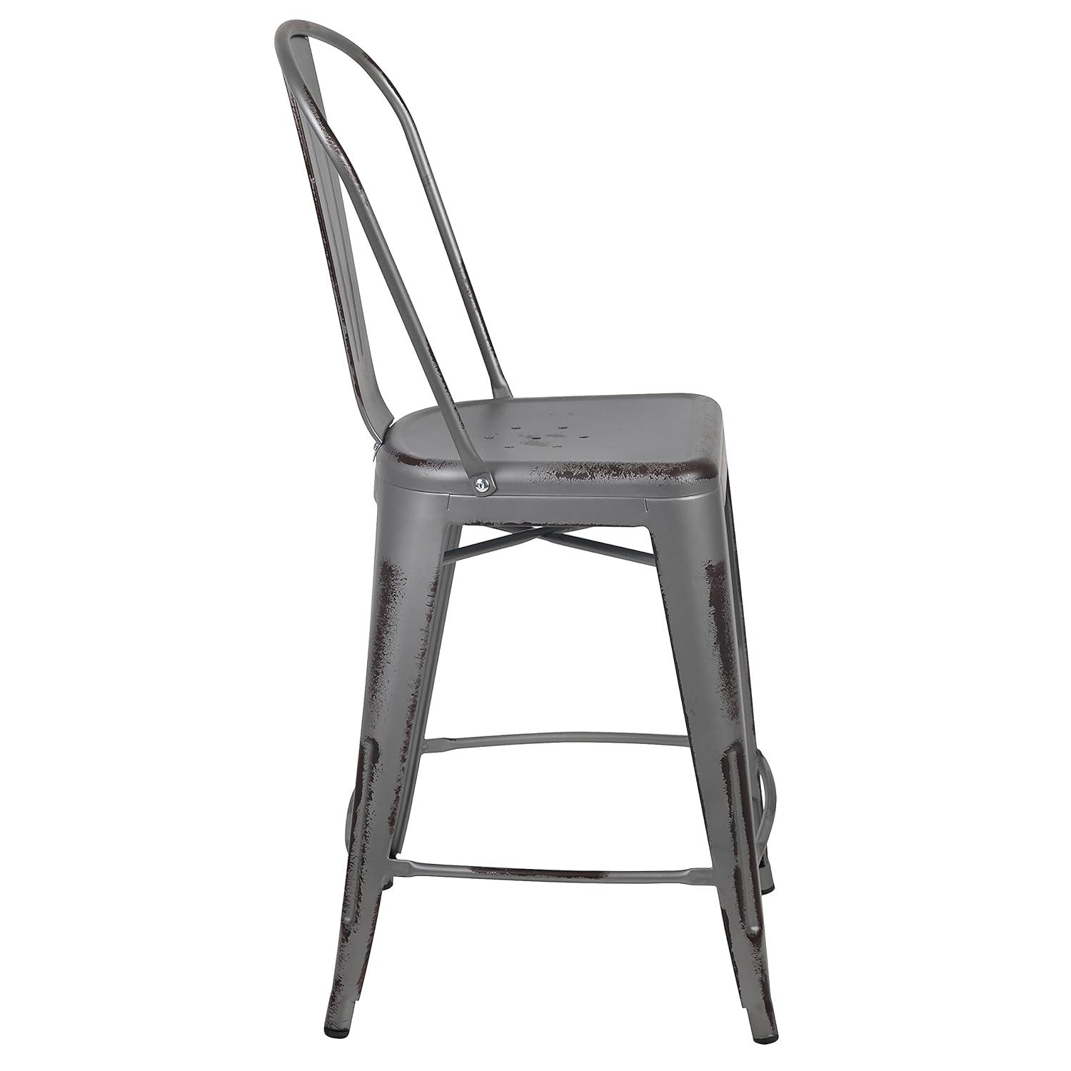 Flash Furniture Commercial Grade 24" High Distressed Silver Gray Metal Indoor-Outdoor Counter Height Stool with Back
