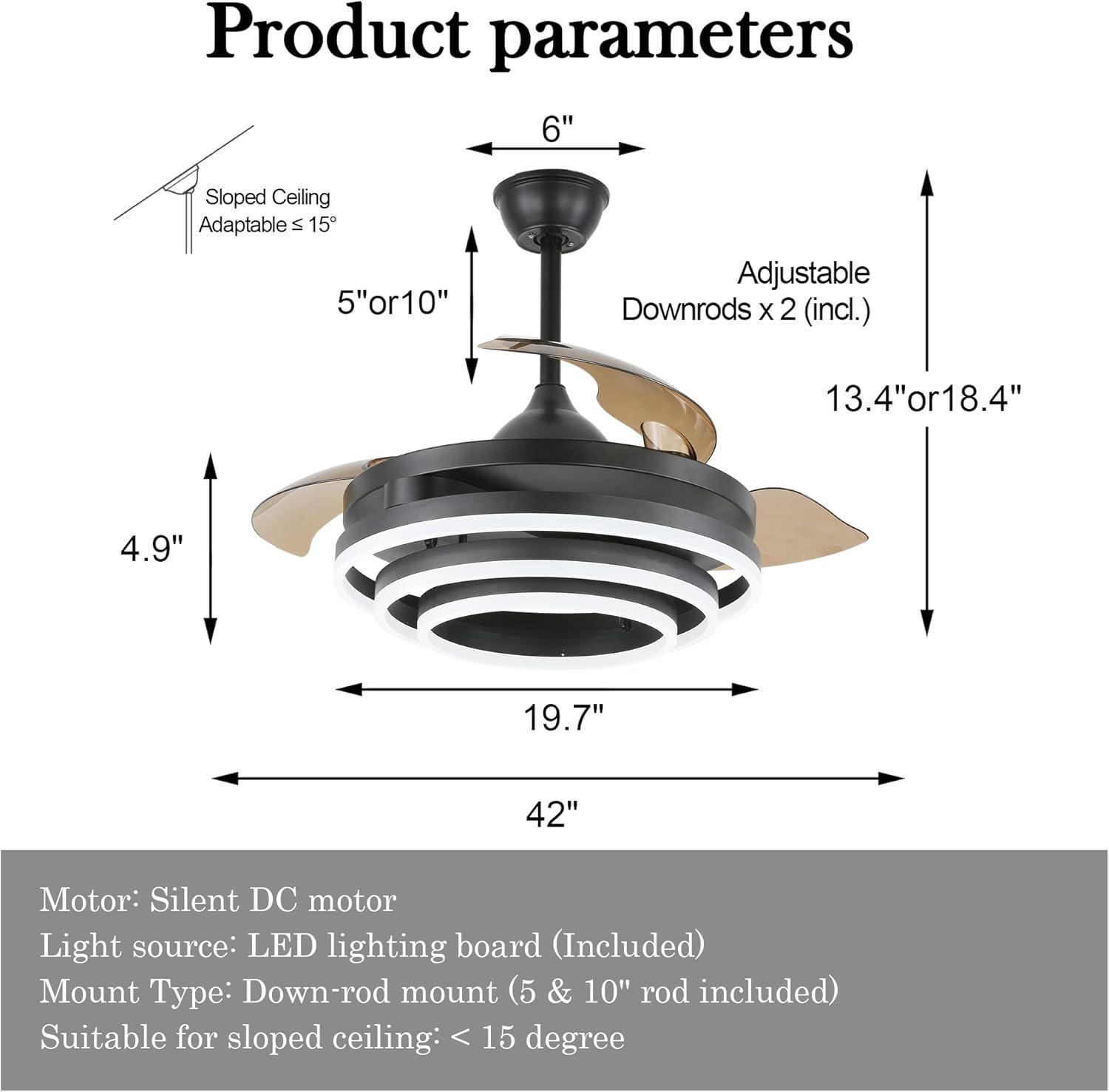 Cusp Barn 42 inches Retractable Ceiling Fan with Light and Remote, Modern Adjustable DIY Shape 3-Color Changing LED Ceiling Light for Bedroom Living Room