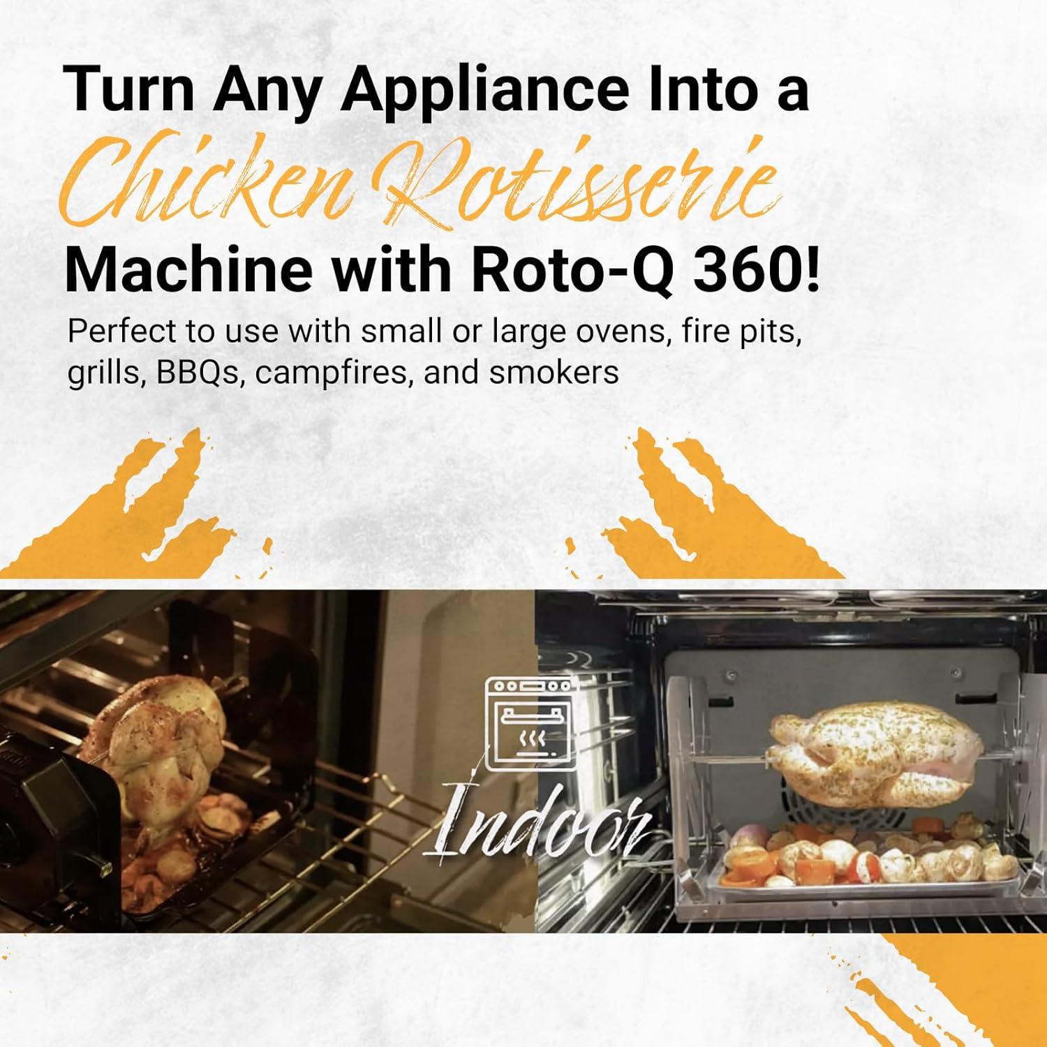 ROTO-Q 360 Cordless Stainless Steel Rotisserie Kit - Non-Electric for Grills, Ovens, BBQ, Smokers - Indoor/Outdoor