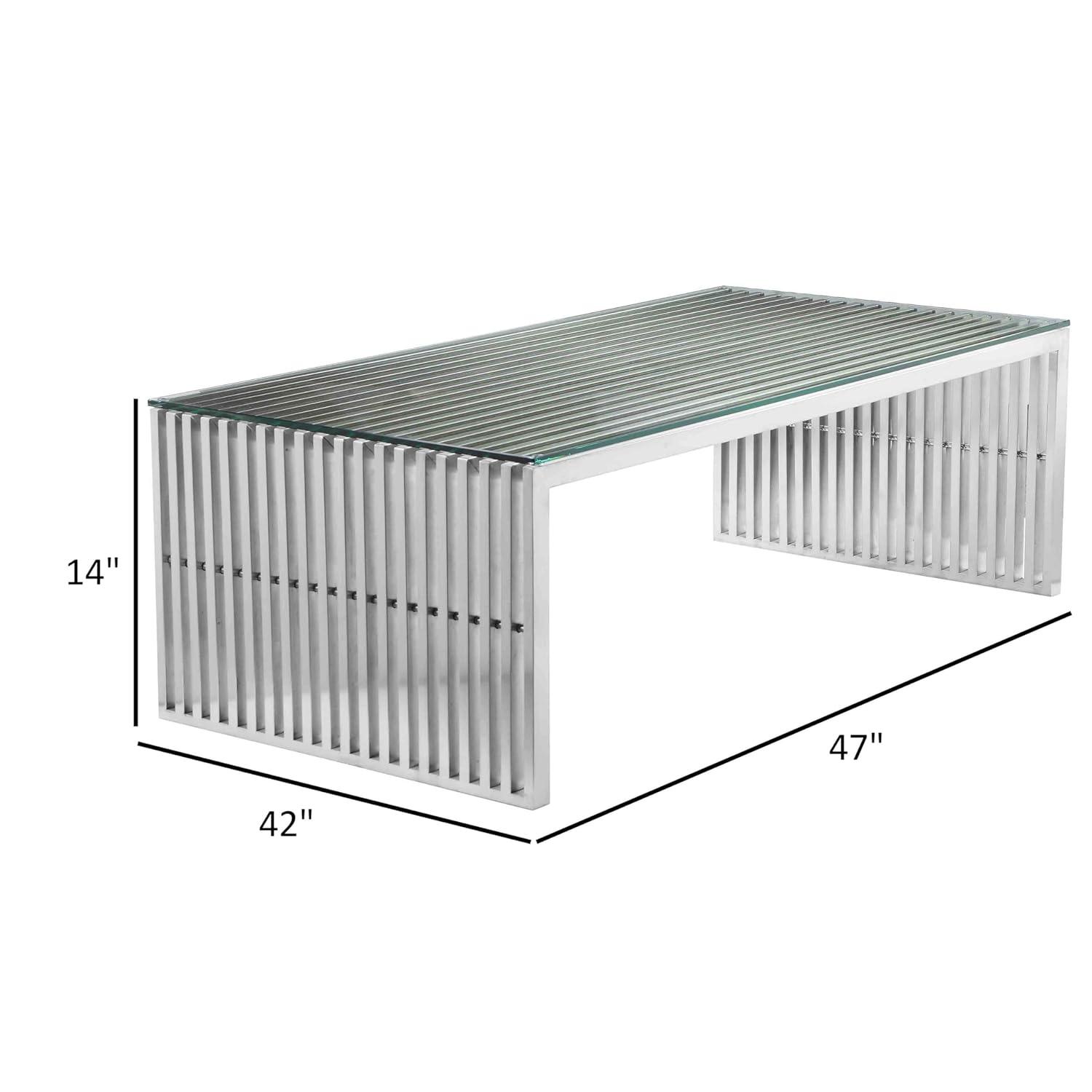 Benjara Meza 47 Inch Coffee Table, Glass Top, Waterfall Slatted Panel Frame, Silver