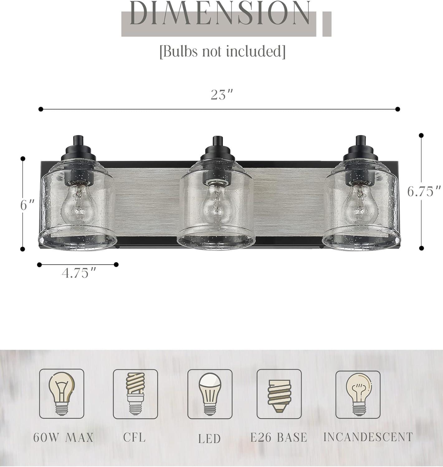 Vanity Lights for Bathroom Large 23", Farmhouse Rustic Vanity Light with Bubble Glass Shades, Black 3 Light Bathroom Lighting Fixtures Over Mirror, Bath Wall Sconce Home Decor