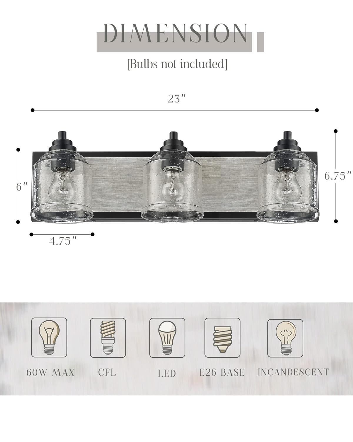 Vanity Lights for Bathroom Large 23", Farmhouse Rustic Vanity Light with Bubble Glass Shades, Black 3 Light Bathroom Lighting Fixtures Over Mirror, Bath Wall Sconce Home Decor
