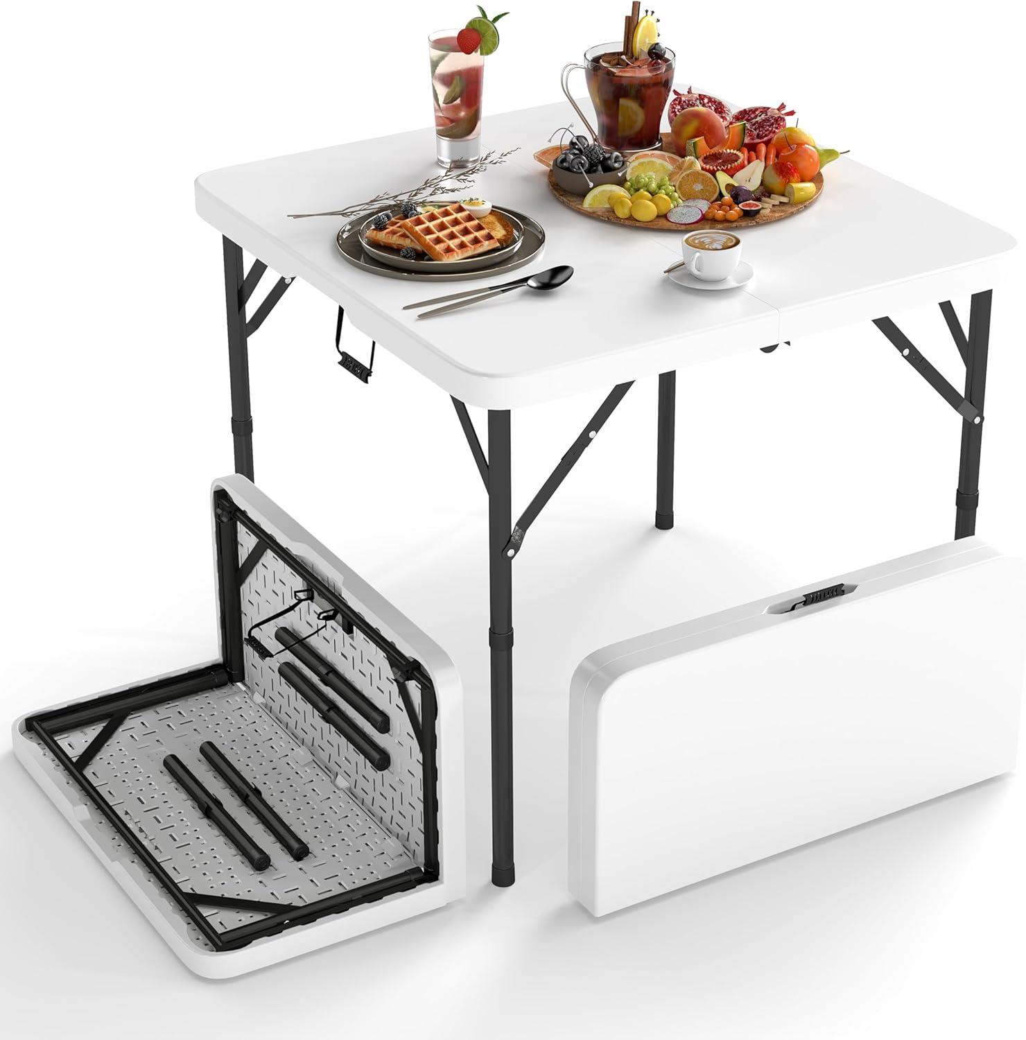 4 ft Portable Folding Table, Idustrial Heavy-Duty Foldable Table, HDPE Plastic Table, with Carrying Handle, Locks, Stright Legs for Indoor & Outdoor Party, Barbeque, Camping, Board Games - White