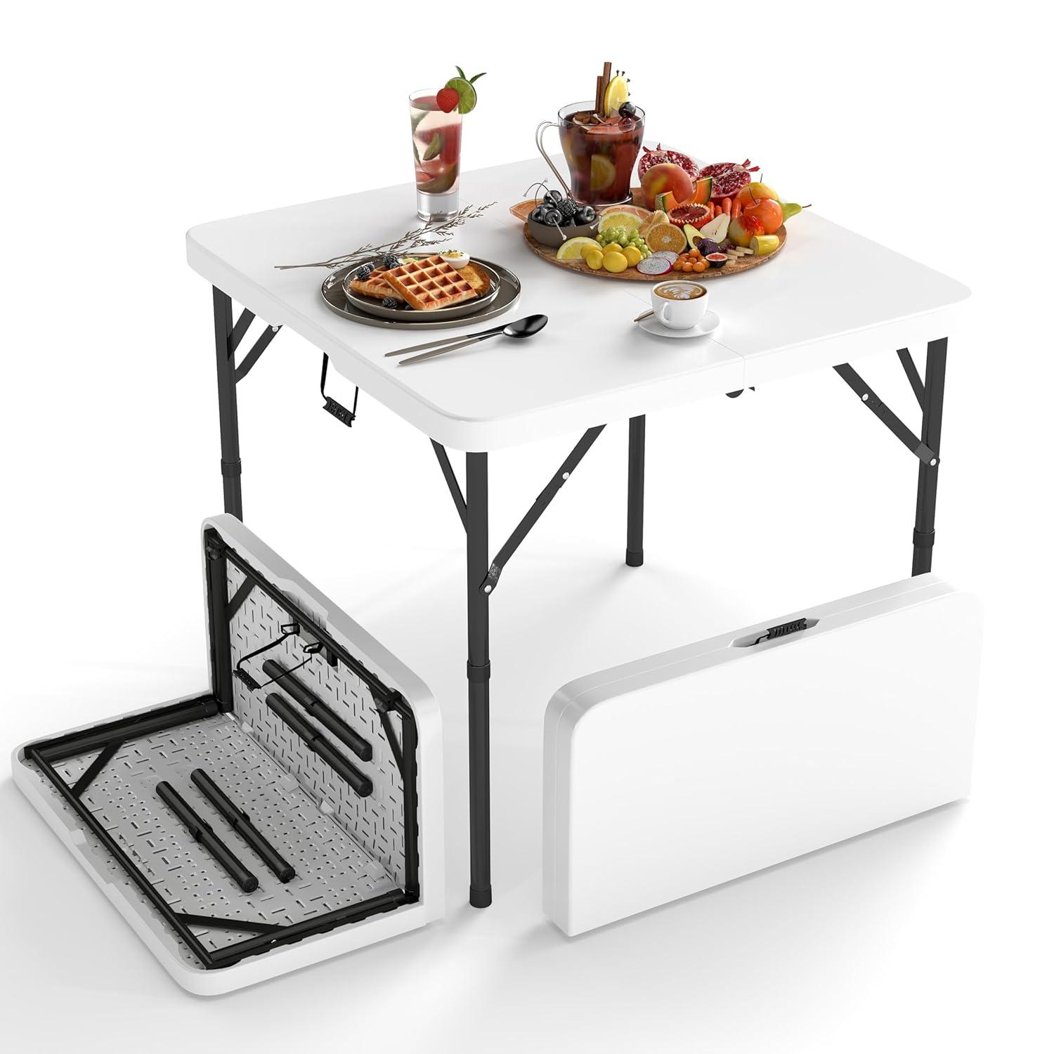 4 ft Portable Folding Table, Idustrial Heavy-Duty Foldable Table, HDPE Plastic Table, with Carrying Handle, Locks, Stright Legs for Indoor & Outdoor Party, Barbeque, Camping, Board Games - White