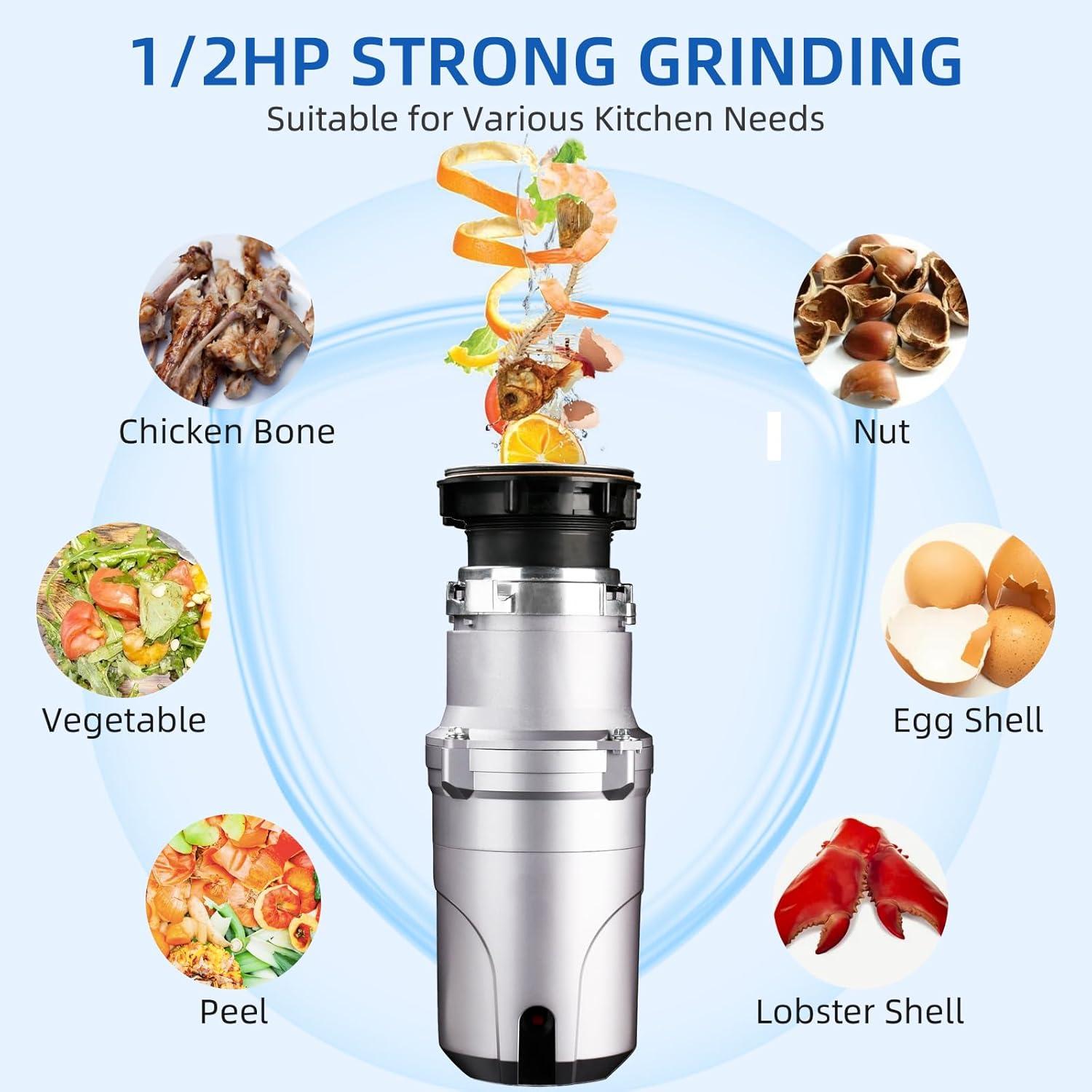 Garbage Disposal 1/2 Hp, Continuous Feed Insulation Food Waste Disposal, 3 Stage Grinding, Silver