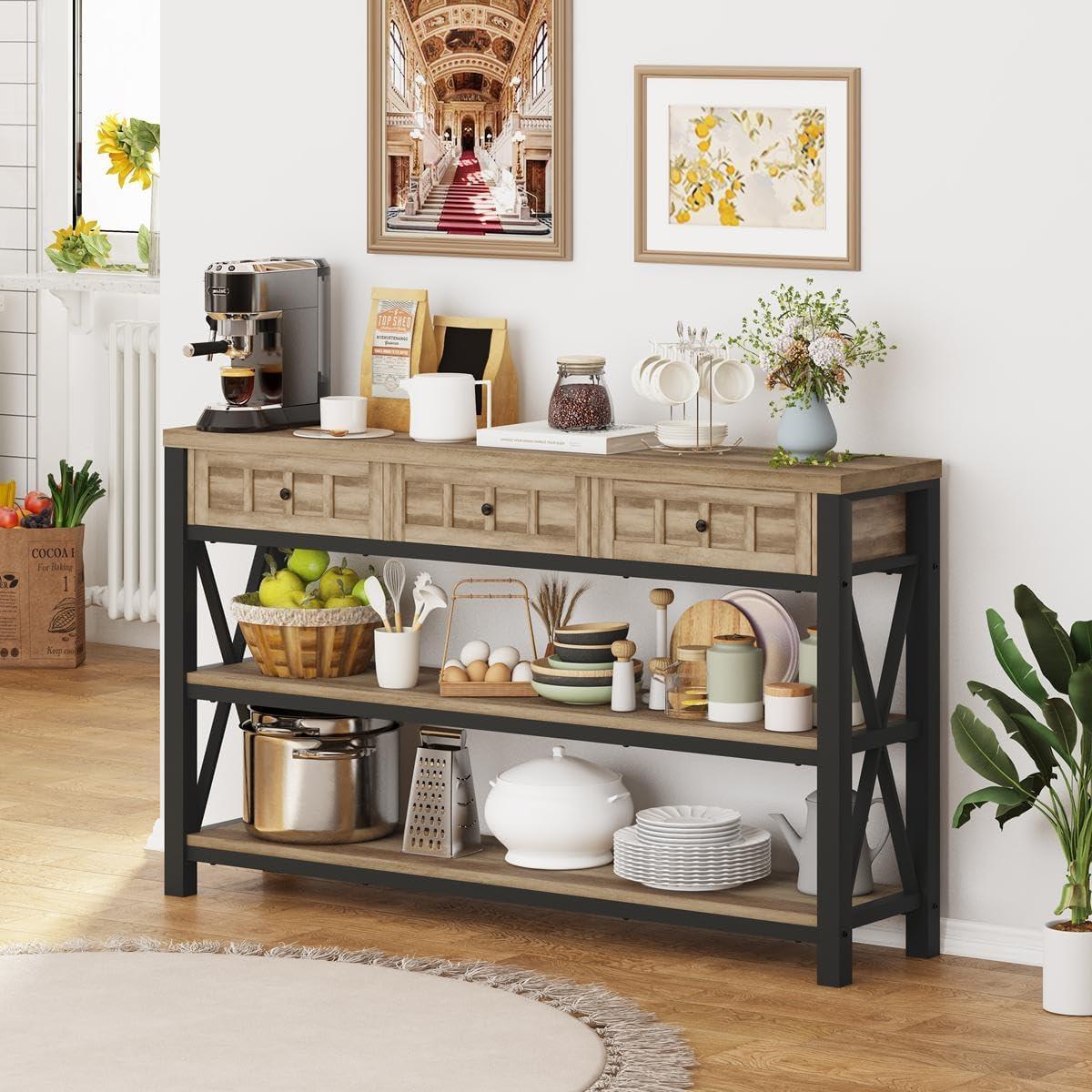 Industrial Rustic Oak Wood and Metal Console Table with Storage