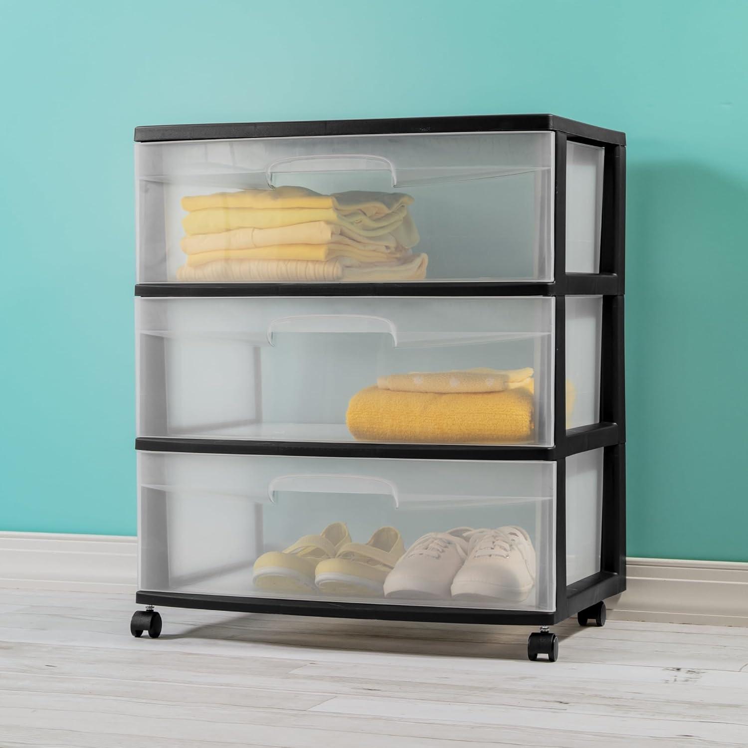 Sterilite Storage Drawer, 3 Drawer Wide Plastic Storage Cart with Clear Pull Out Drawers, Black