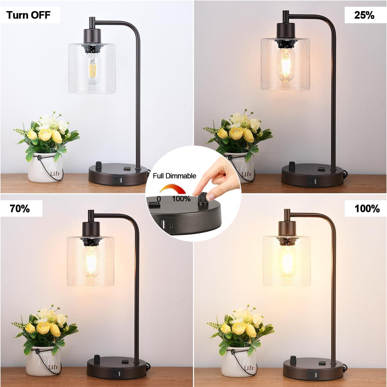 【Upgraded】Set of 2 Industrial Table Lamps with 2 USB Port, Fully Stepless Dimmable Bedside Lamps for Bedroom, Nightstand Desk Lamps with Glass Shade for Bedroom Living Room Office 2 LED Bulb Included