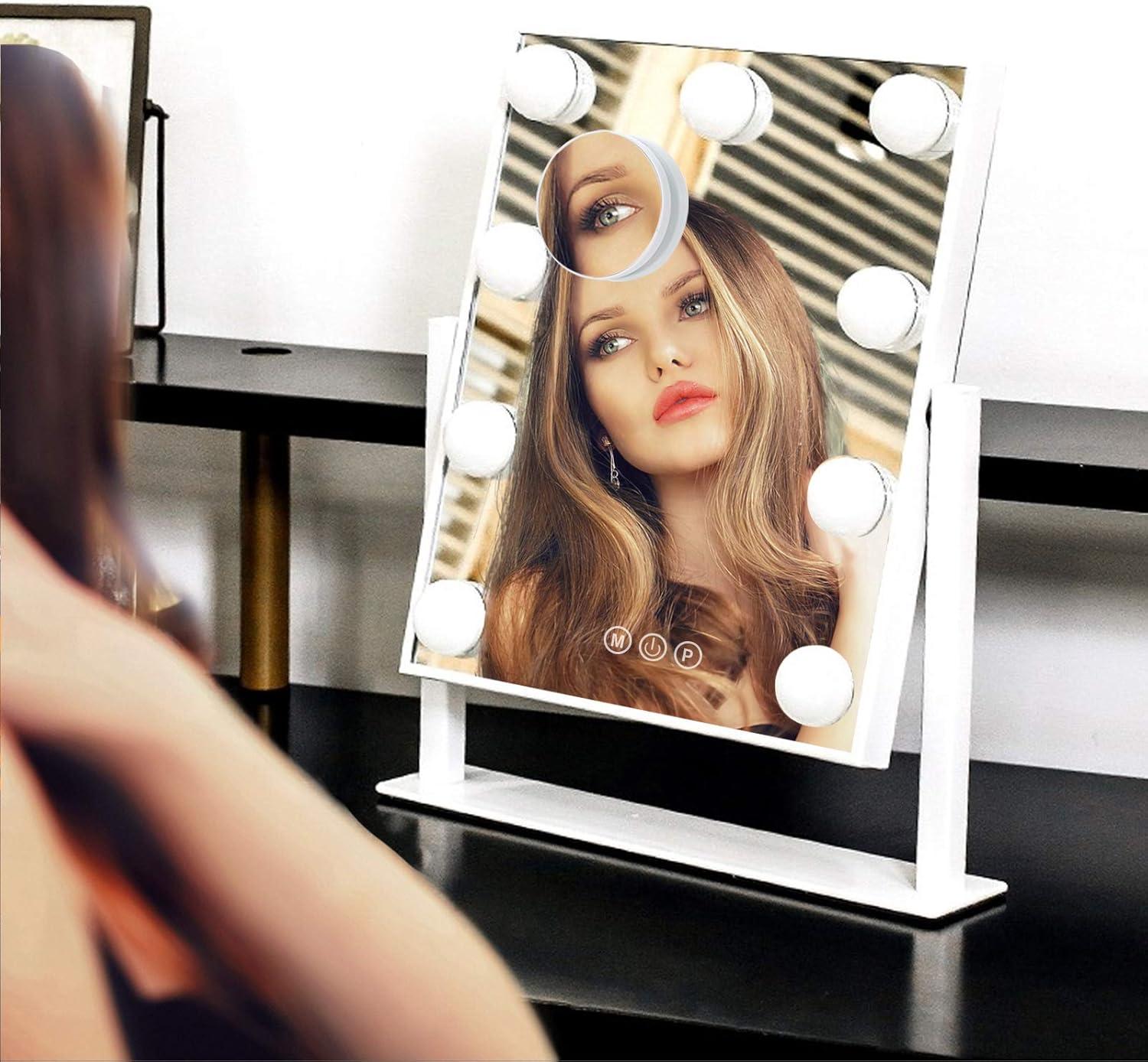 LinsCraft Lighted Makeup Mirror Hollywood Mirror Vanity Mirror With Lights, Touch Control Design 3 Colors Dimable LED Bulbs, Detachable 10X Magnification, 360°Rotation, (White) 12" L X 14" W