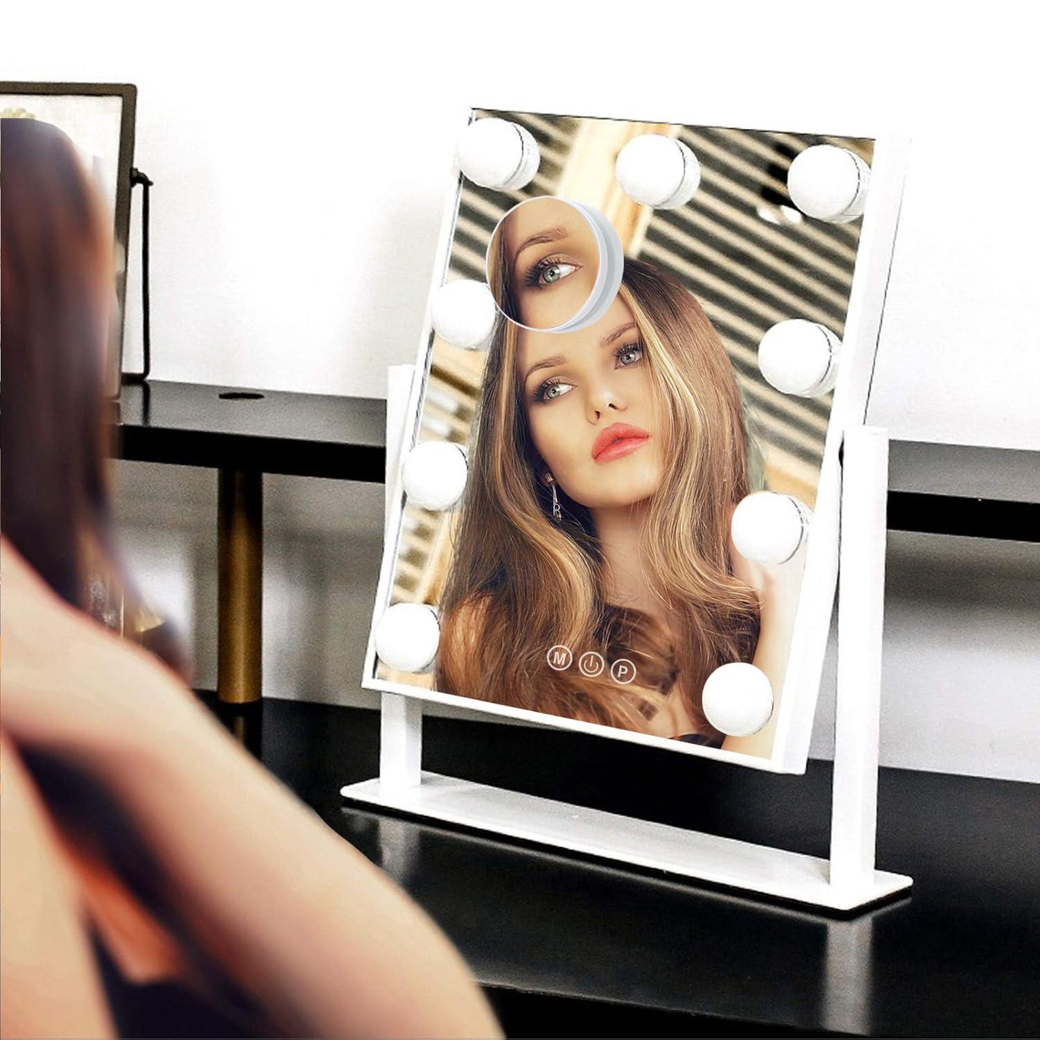 LinsCraft Lighted Makeup Mirror Hollywood Mirror Vanity Mirror With Lights, Touch Control Design 3 Colors Dimable LED Bulbs, Detachable 10X Magnification, 360°Rotation, (White) 12" L X 14" W