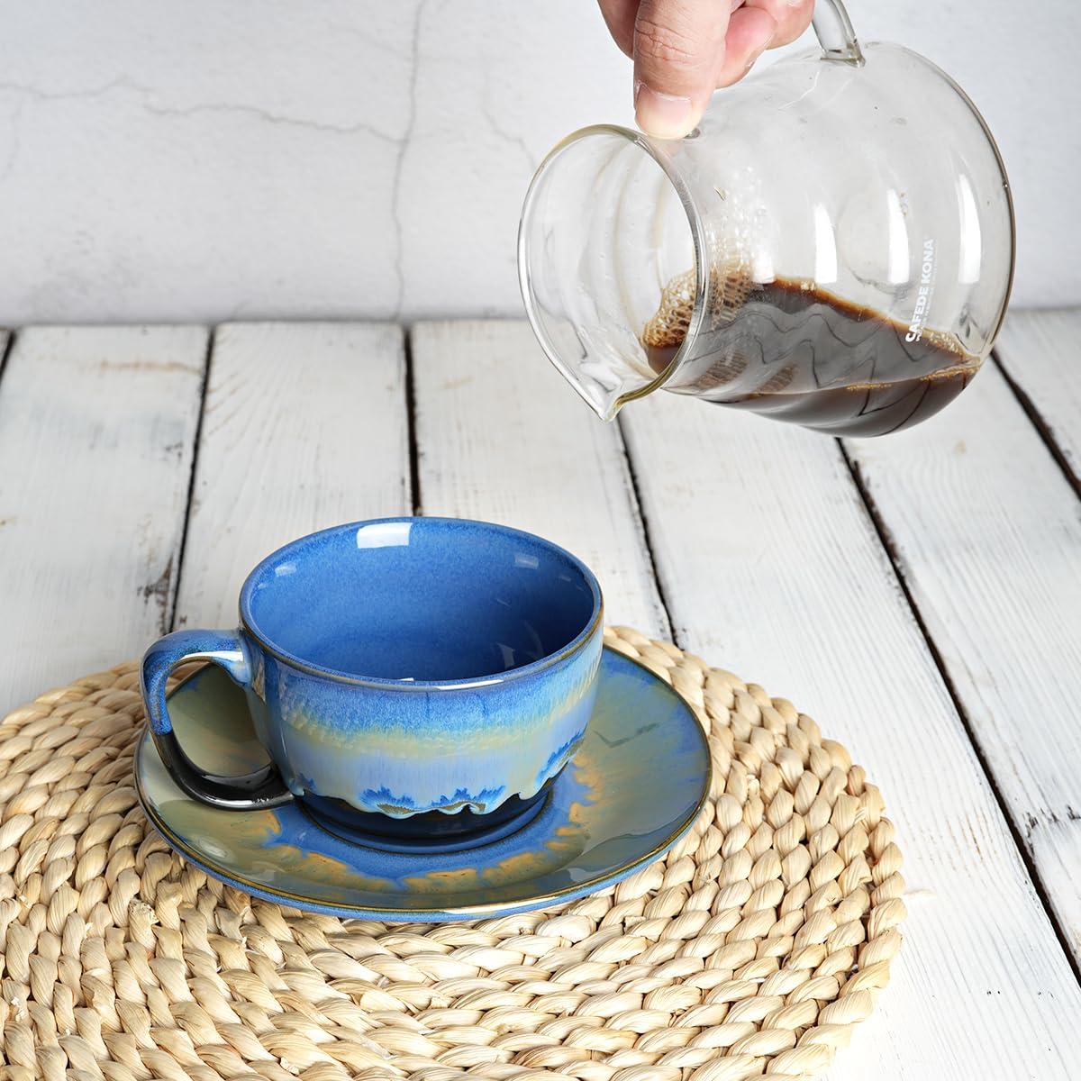 shuoli Ceramic Cappuccino Cup And Saucer Set Of 2, 10 Oz, Dishwasher And Microwave Safe, Coffee Cups For Latte, Espresso, Tea, Reavtive Glaze (Blue, 10 Oz) | Wayfair