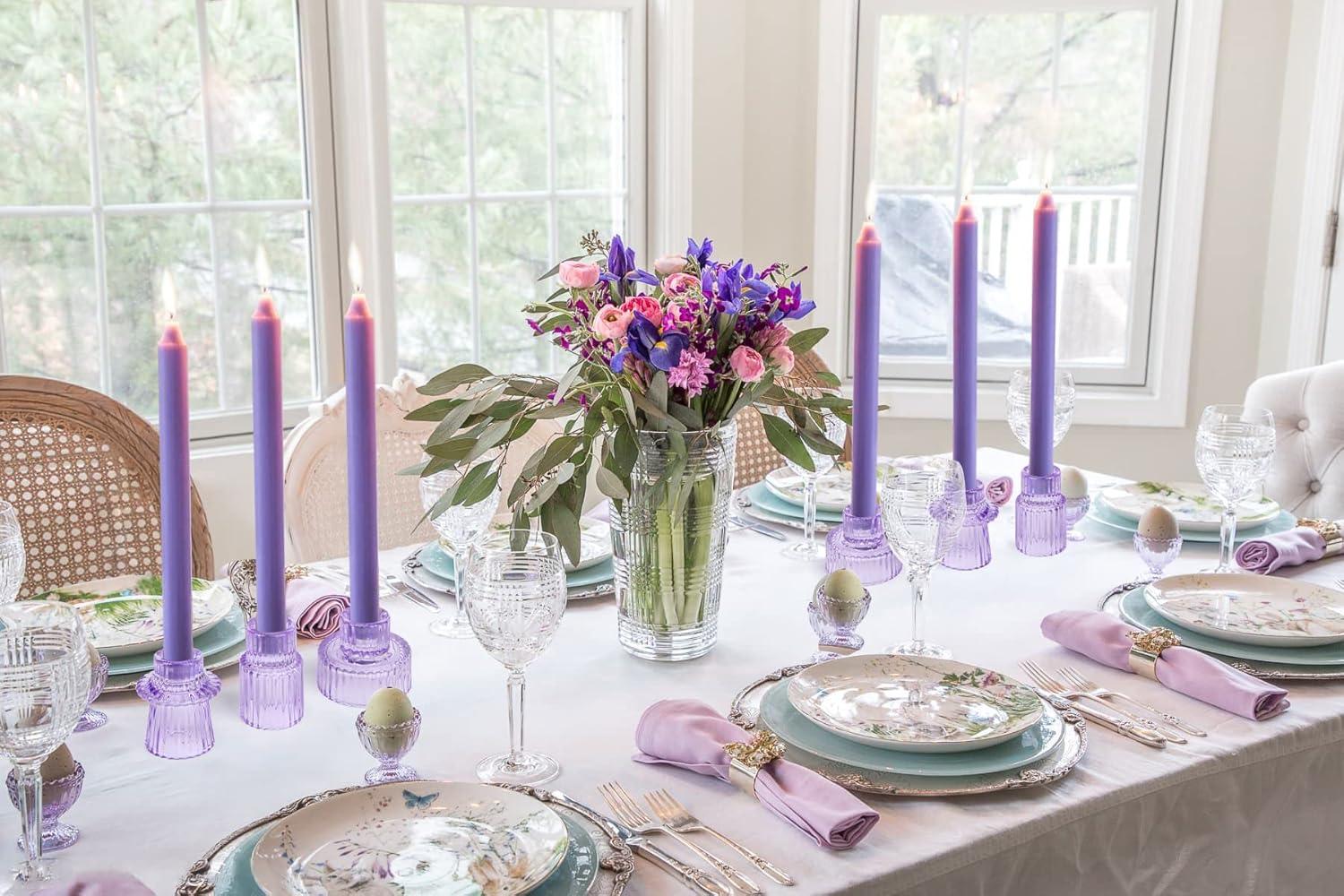 Vixdonos Taper Glass Candlestick Holders Tealight Candle Holders for Table Centerpieces, Wedding Decor and Dinner Party (6 Pcs, Purple)