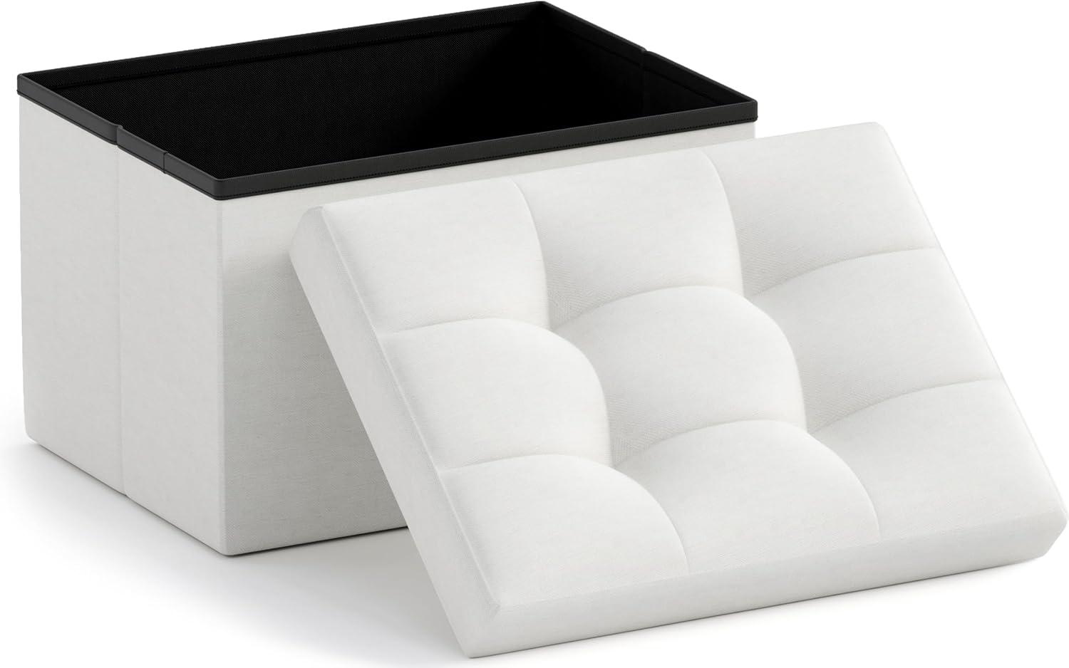 Small White Tufted Linen Foldable Storage Ottoman