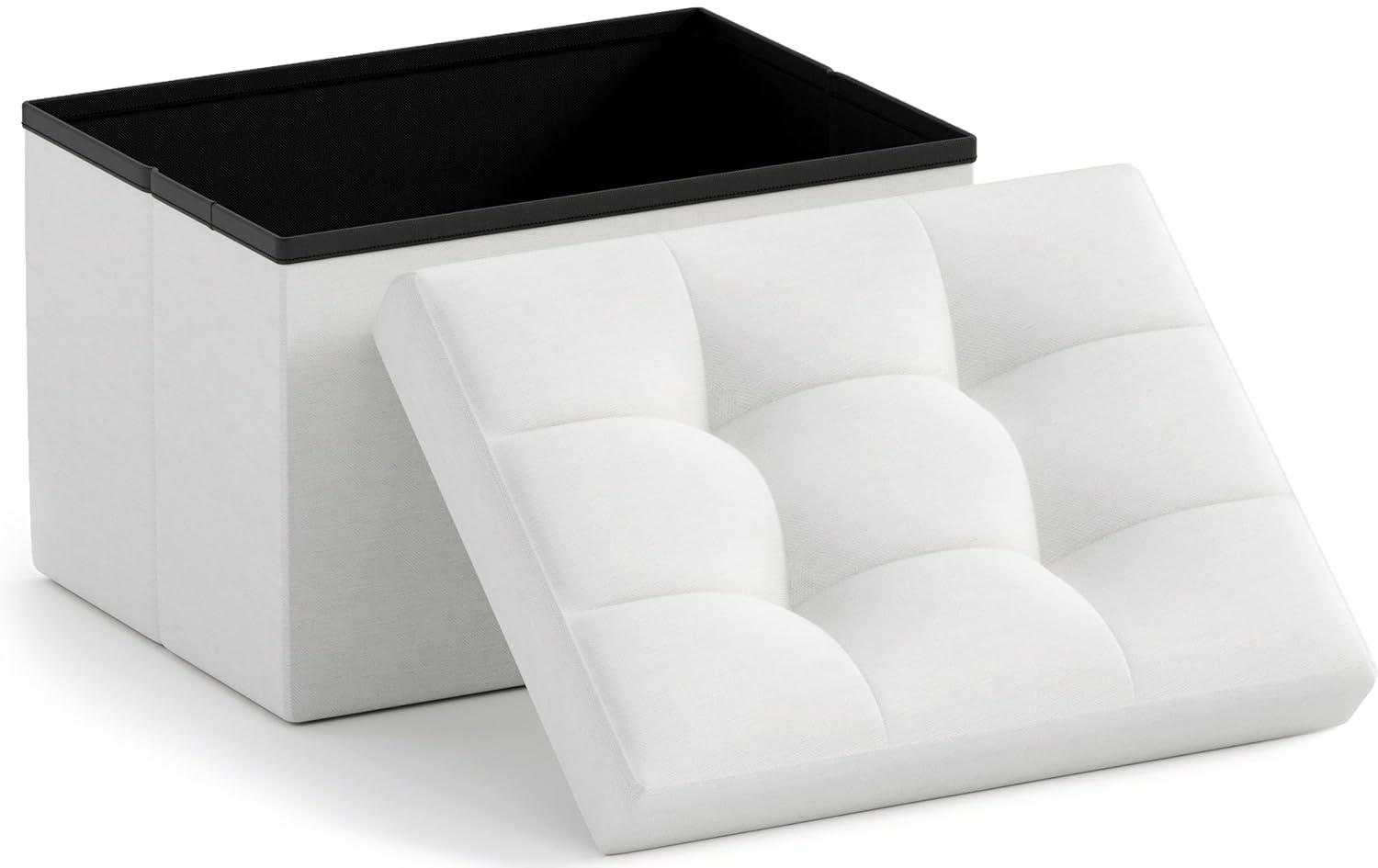 Small White Tufted Linen Foldable Storage Ottoman
