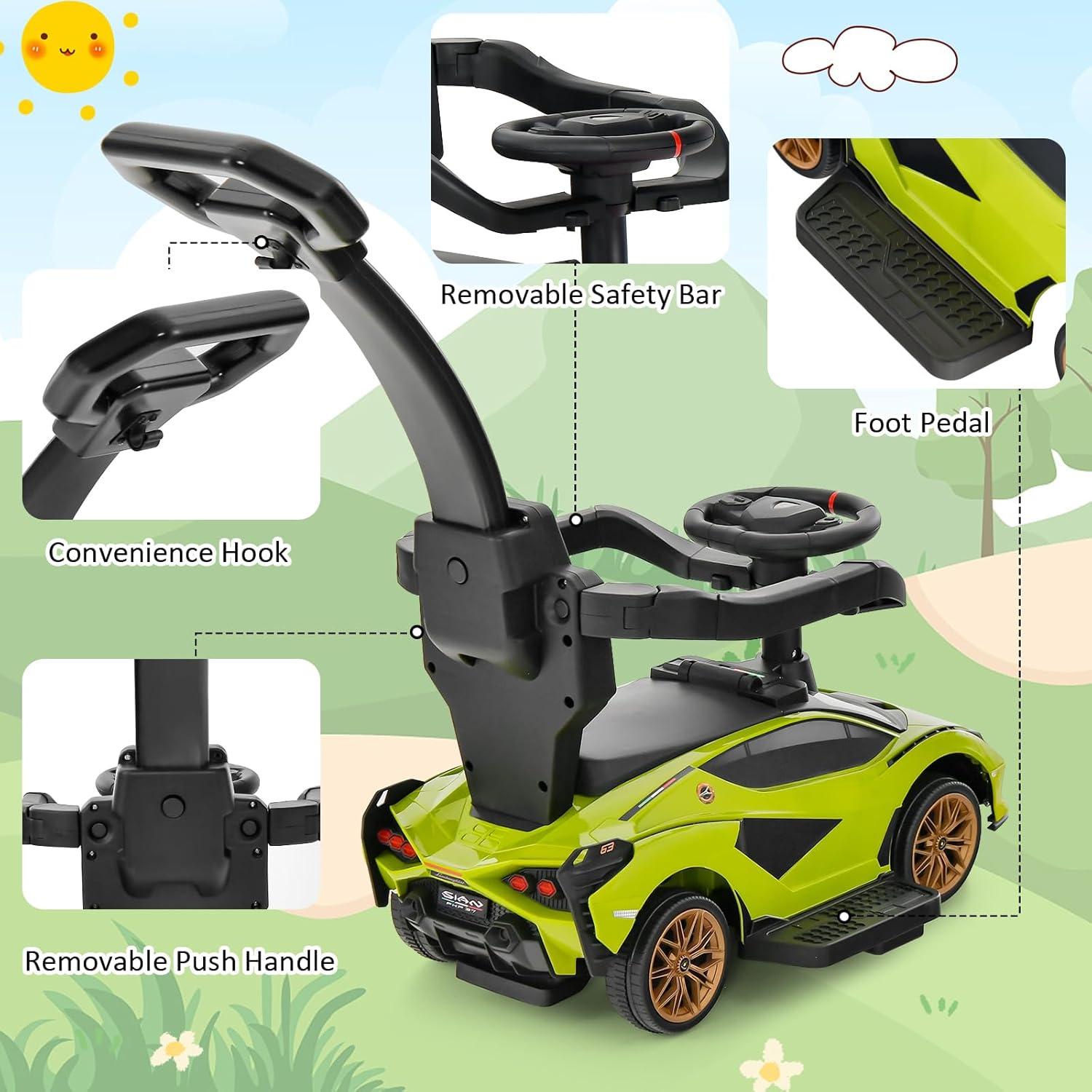 Green Lamborghini 3-in-1 Push Car Stroller with Storage