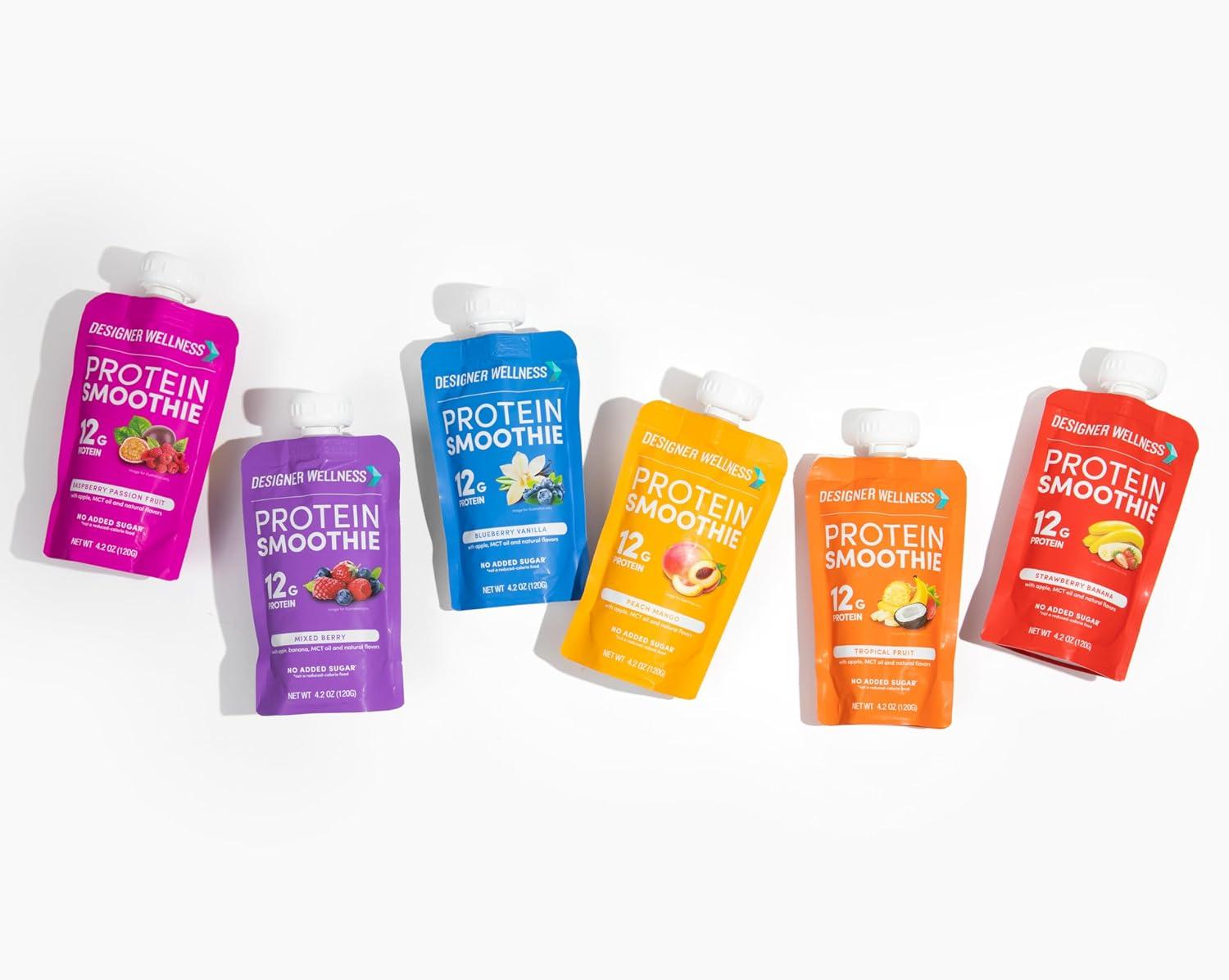 Designer Wellness Protein Smoothie, Real Fruit, 12g Protein, Low Carb, Zero Added Sugar, Gluten-Free, Mixed Variety, 12 Count