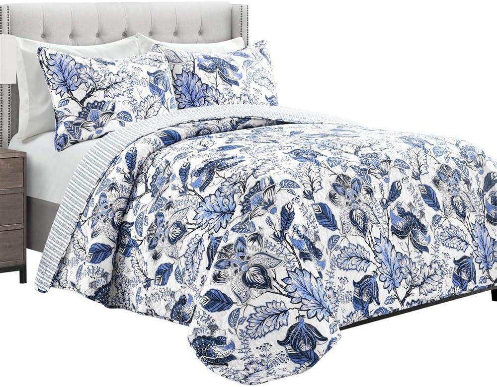 Cynthia Jacobean Blue 320 TC Reversible 3 Piece Quilt Set