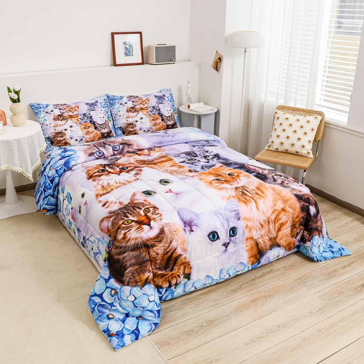 Kids Cute Cat Bedding Set Cartoon Pet Cats Bed Sheets for Children Boys Girls Cute Kitten Print Bed Sheet Set Cat Lover's Animal Themed Design Fitted Sheet Bedroom Collection 3Pcs Queen Size