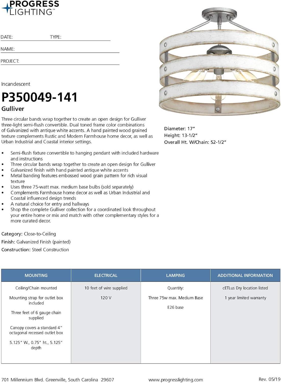 Progress Lighting Gulliver 3-Light Semi-Flush Convertible Ceiling Light, Galvanized Finish, Open Design