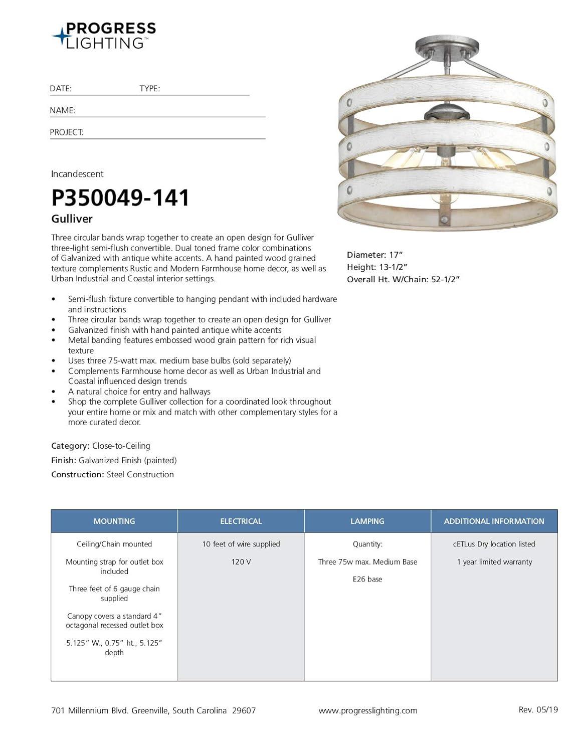 Progress Lighting Gulliver 3-Light Semi-Flush Convertible Ceiling Light, Galvanized Finish, Open Design