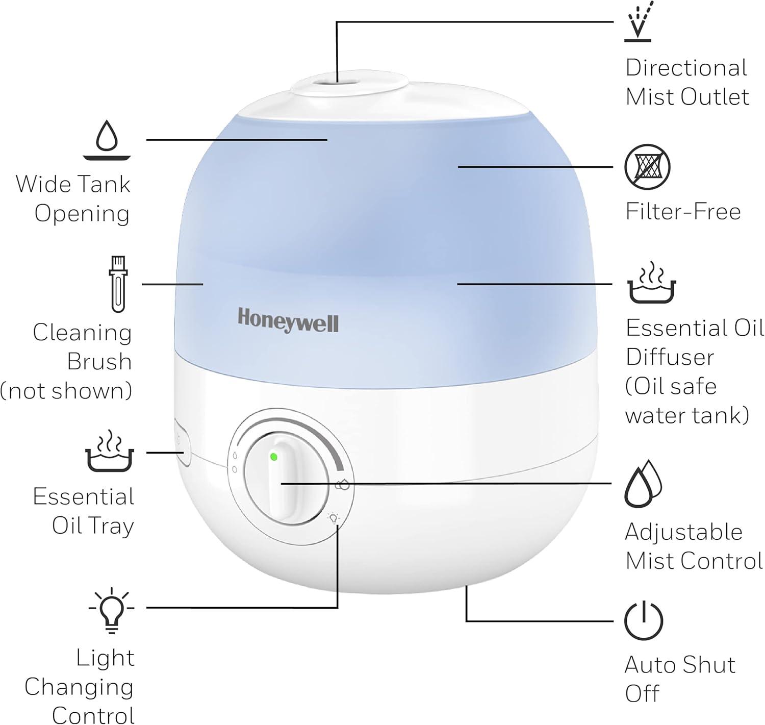 Honeywell Ultra Glow Light Changing Humidifier and Diffuser: Cool Mist, 24-Hour Run, No Filter, 100-300 sq. ft. Coverage