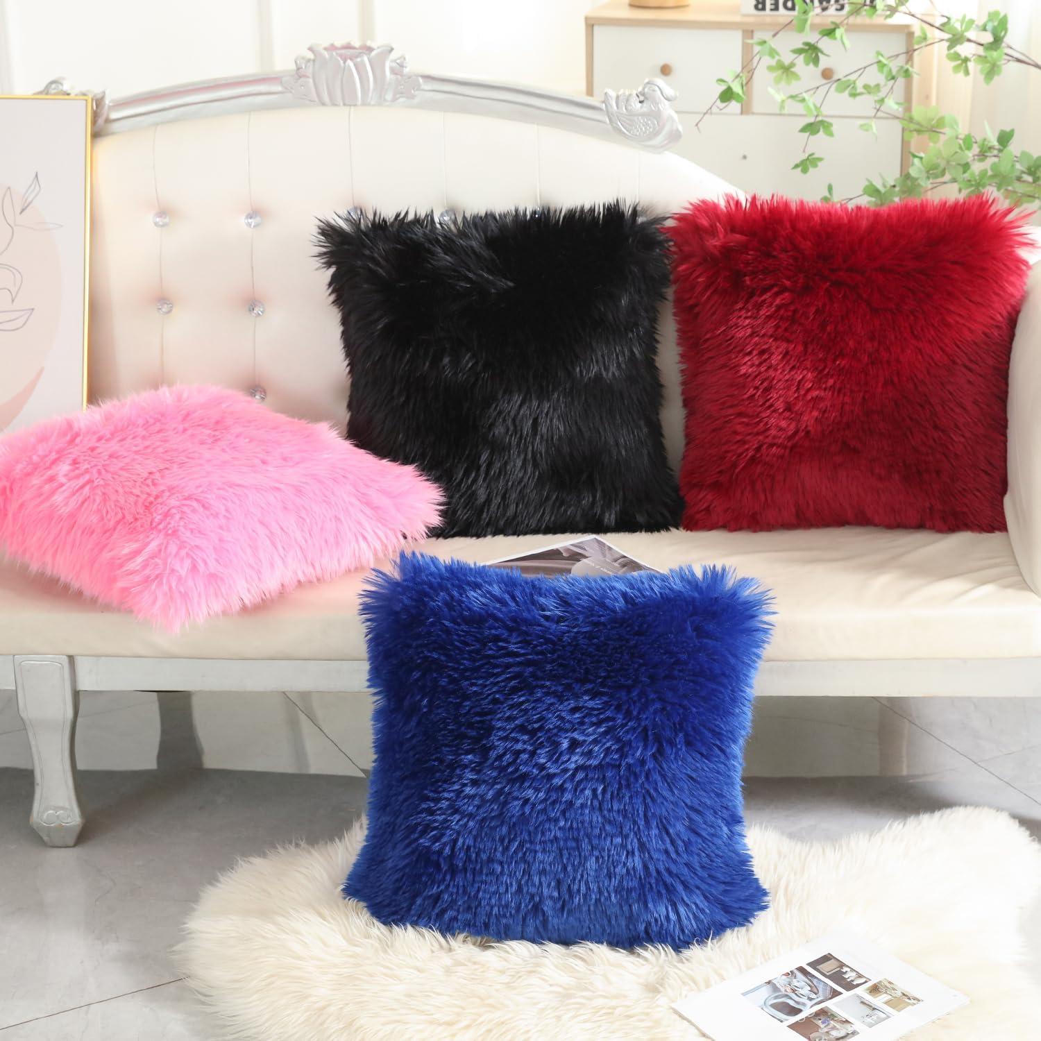 Set of 2 Fluffy Pillow Covers New Luxury Series Merino Style Blush Faux Fur Decorative Throw Pillow Covers Square Fuzzy Cushion Case 18x18 Inch