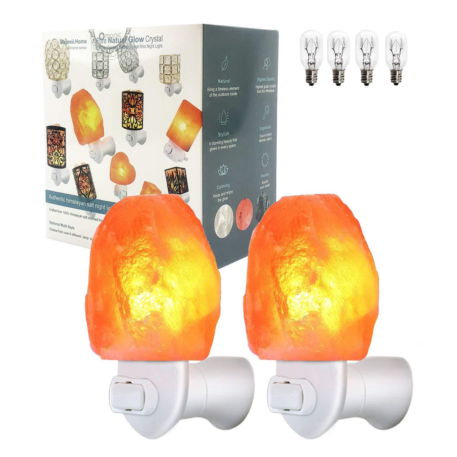 2 Pack Salt Night Light Lamp, Pink Natural Himalayan Salt Lamp, Mini Carved Salt Crystal Night Light Wall Light with Bulbs, Saftety Approved Wall Plug, Bedroom Decoration and Lighting
