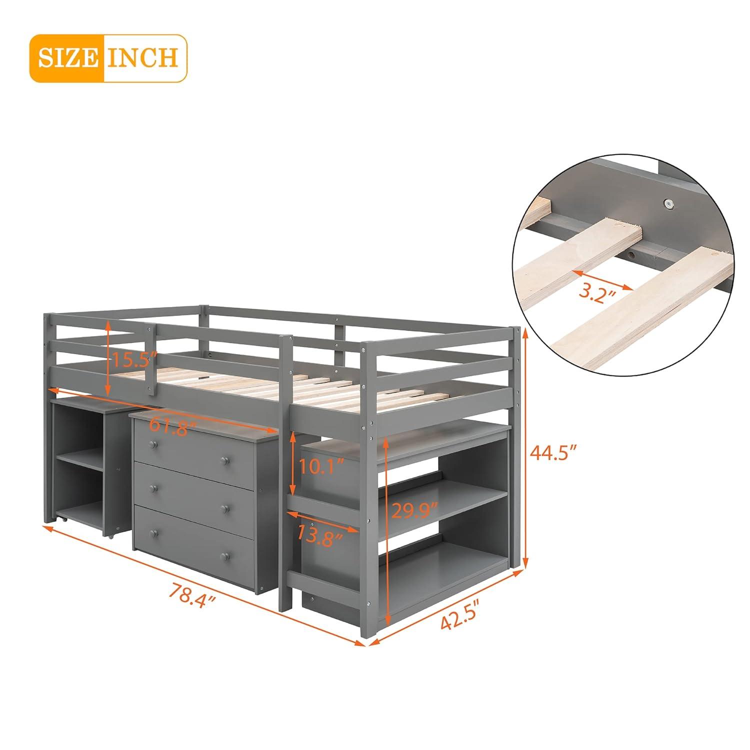 Harper & Bright Designs Twin Loft Bed with Cabinet and Rolling Portable Desk, Wooden Low Study Loft Bed with Drawers, Gray