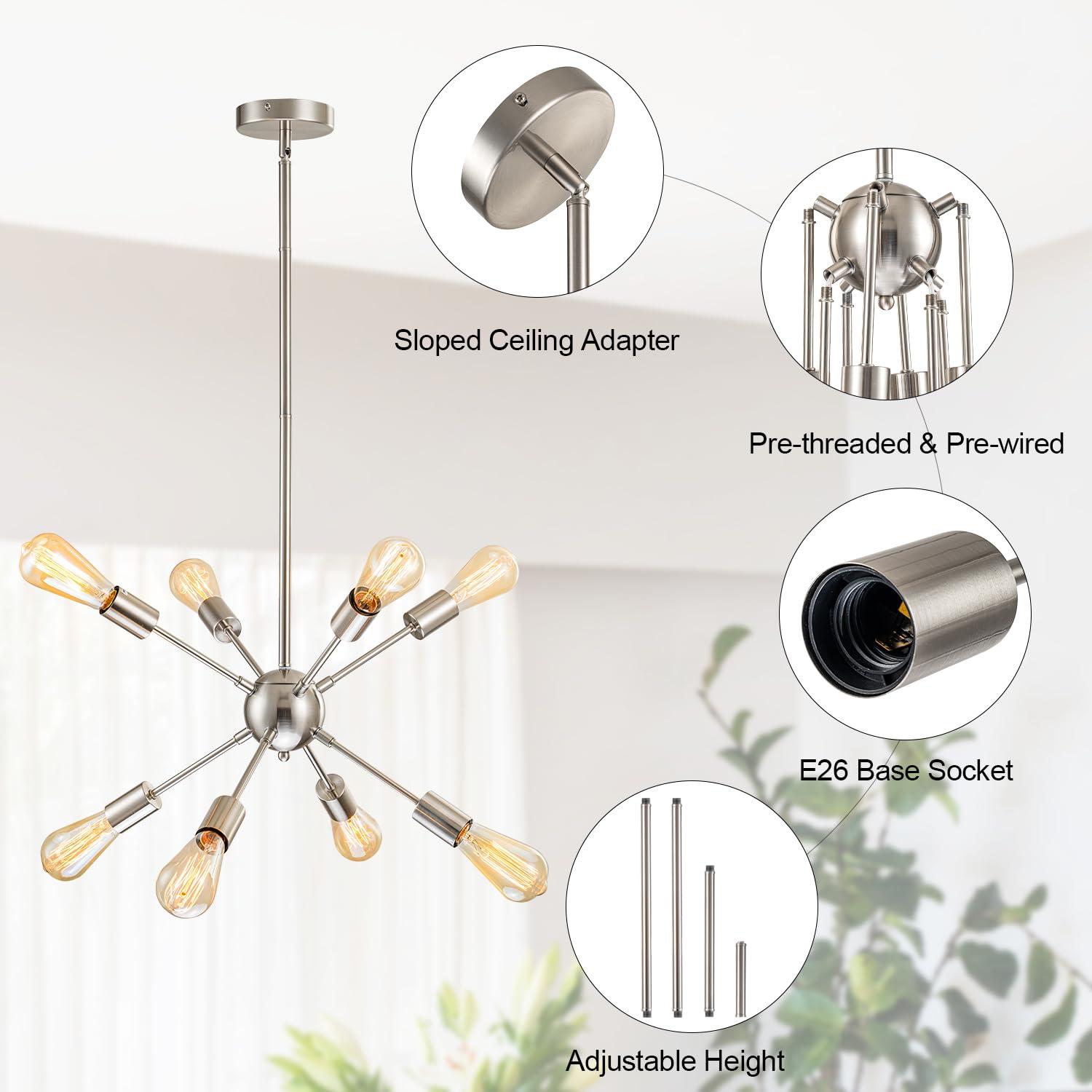 Sputnik Chandelier 8 Lights Brushed Nickel Modern Pendant Lighting Mid Century Flush Mount Ceiling Light Fixture Adjustable Height for Kitchen Dining Room Living Room Bedroom Foyer