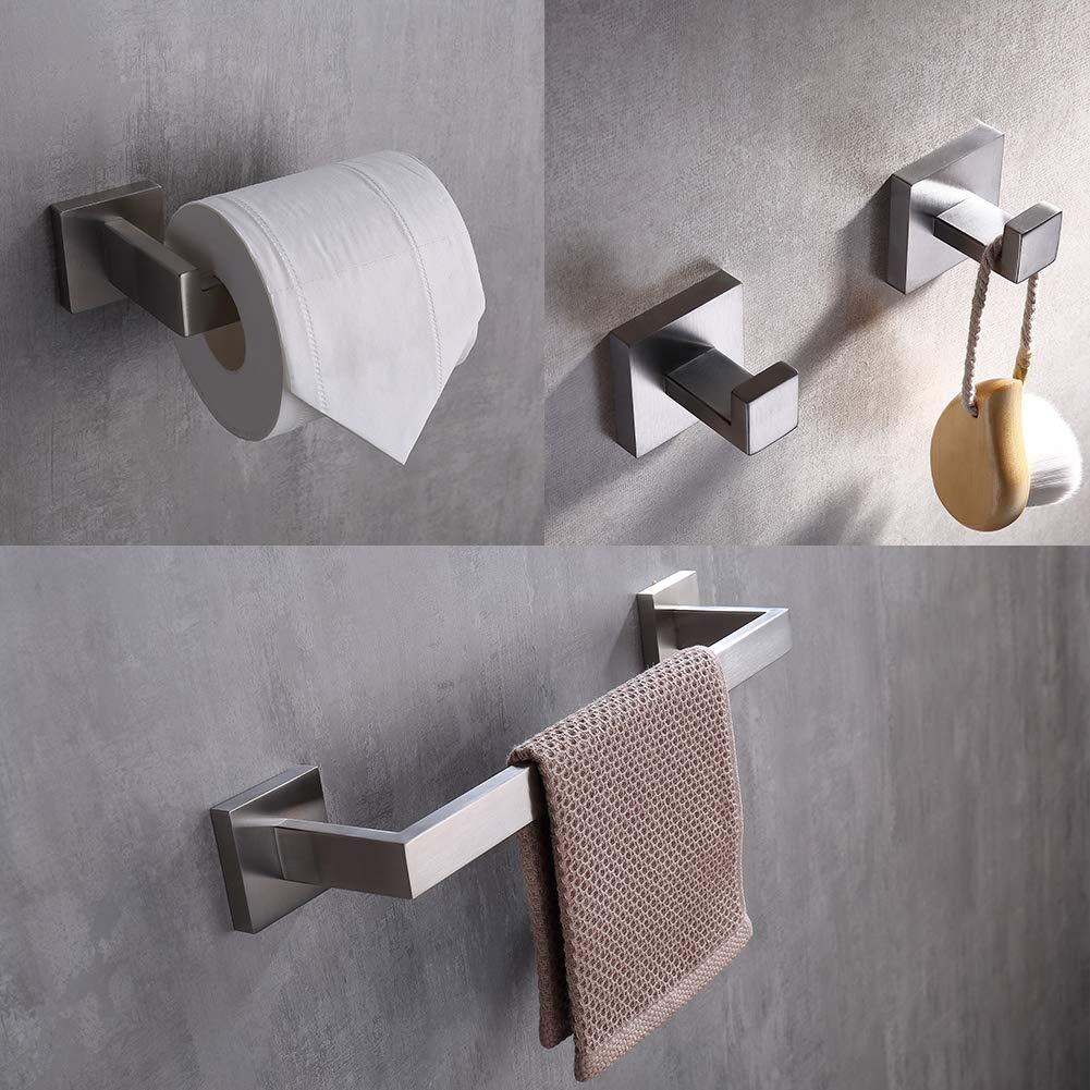 TASTOS 3-Piece Bathroom Hardware Set Brushed Nickel Wall Mounted Bathroom Accessory Set, Premium Stainless Steel Robe Hook Toilet Paper Holder 16-Inch Towel Bar (Silver)