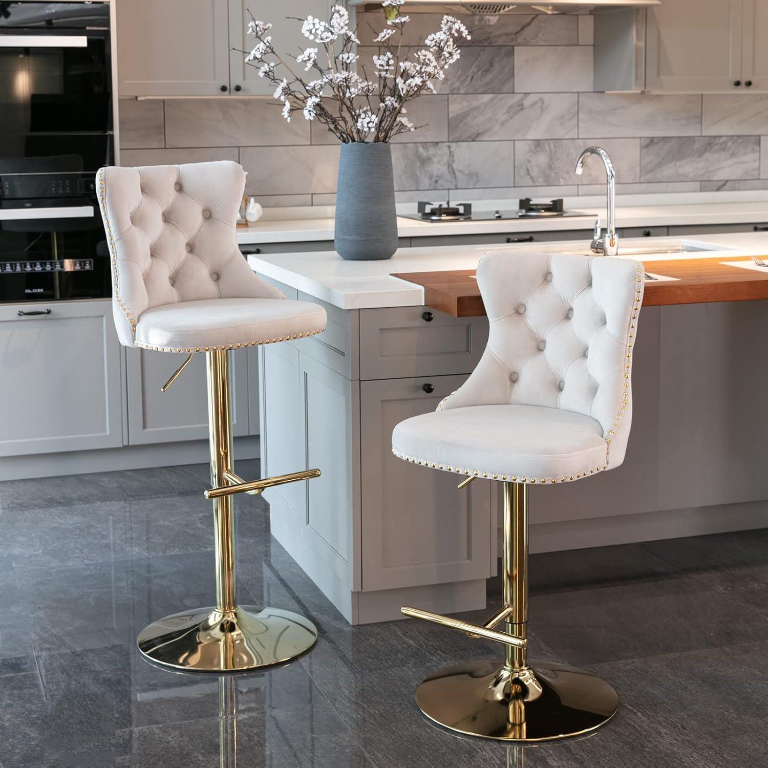 Bar Stools Set of 2, Swivel Barstools with Nailheads Trim, Velvet Button Tufted Back and Golden Footrest, Adjustable Counter Height Bar Stools for Kitchen Counter,Home Bar,Pub, Beige